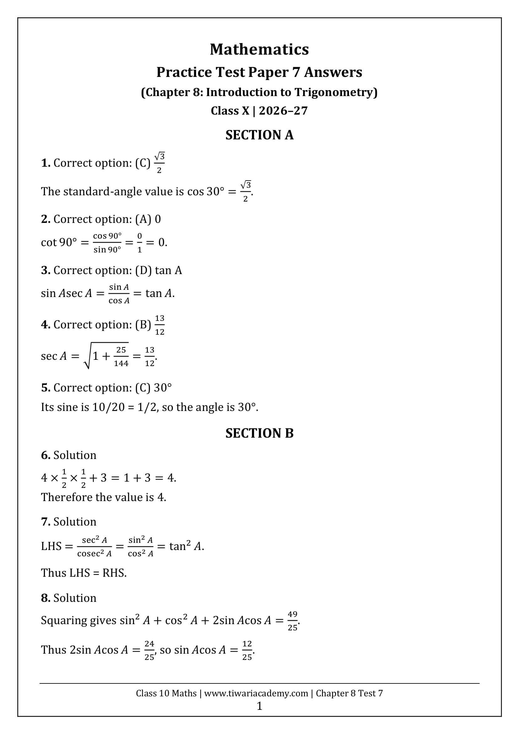 Class 10 Maths Chapter 8 Test Paper 7 Answers Page 1