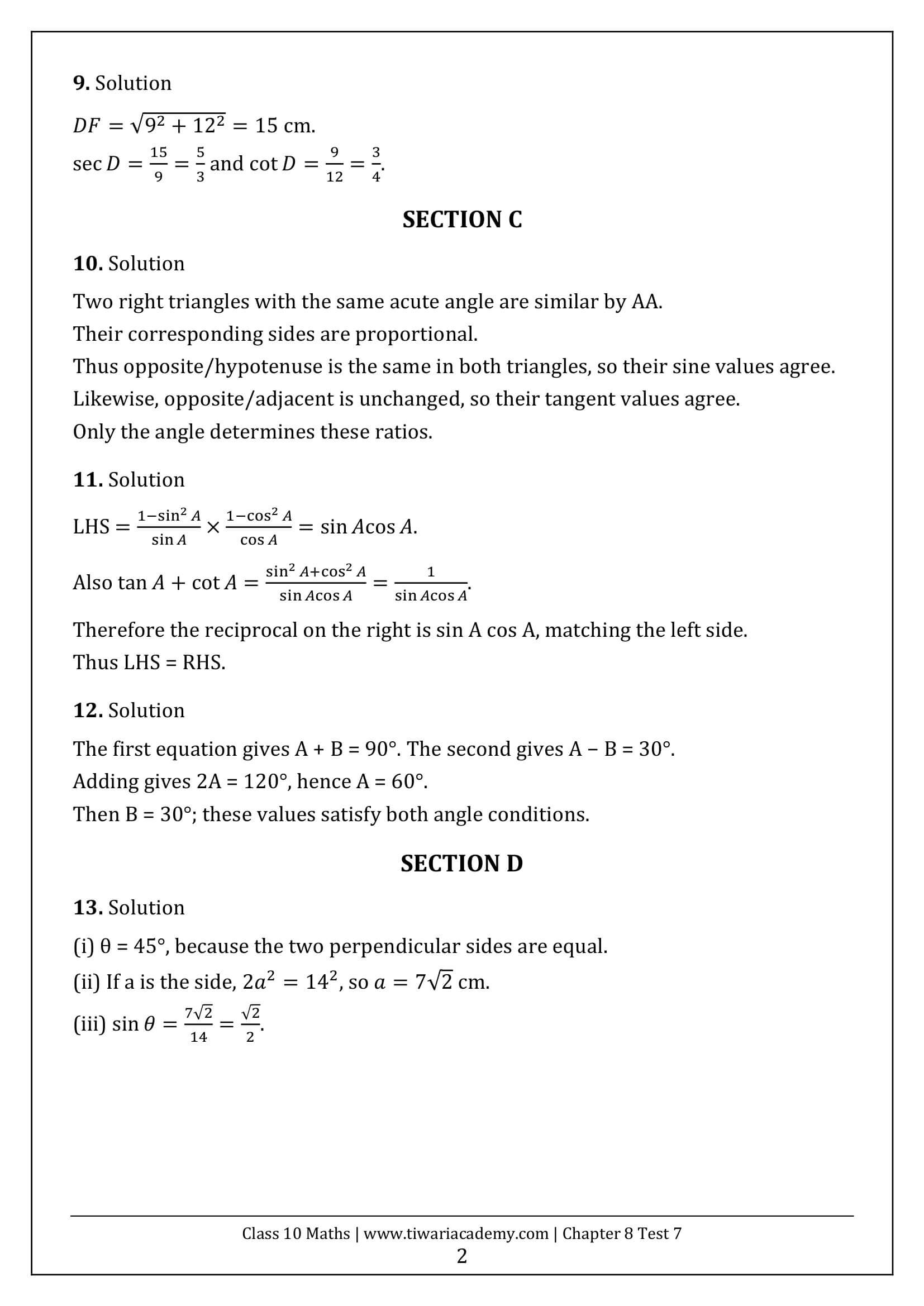 Class 10 Maths Chapter 8 Test Paper 7 Answers Page 2