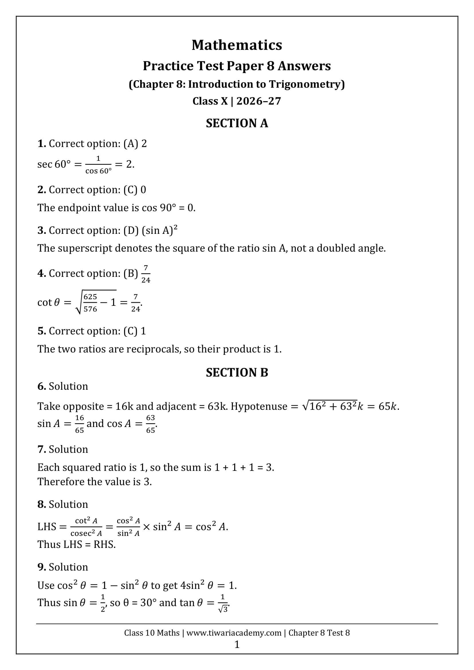 Class 10 Maths Chapter 8 Test Paper 8 Answers Page 1