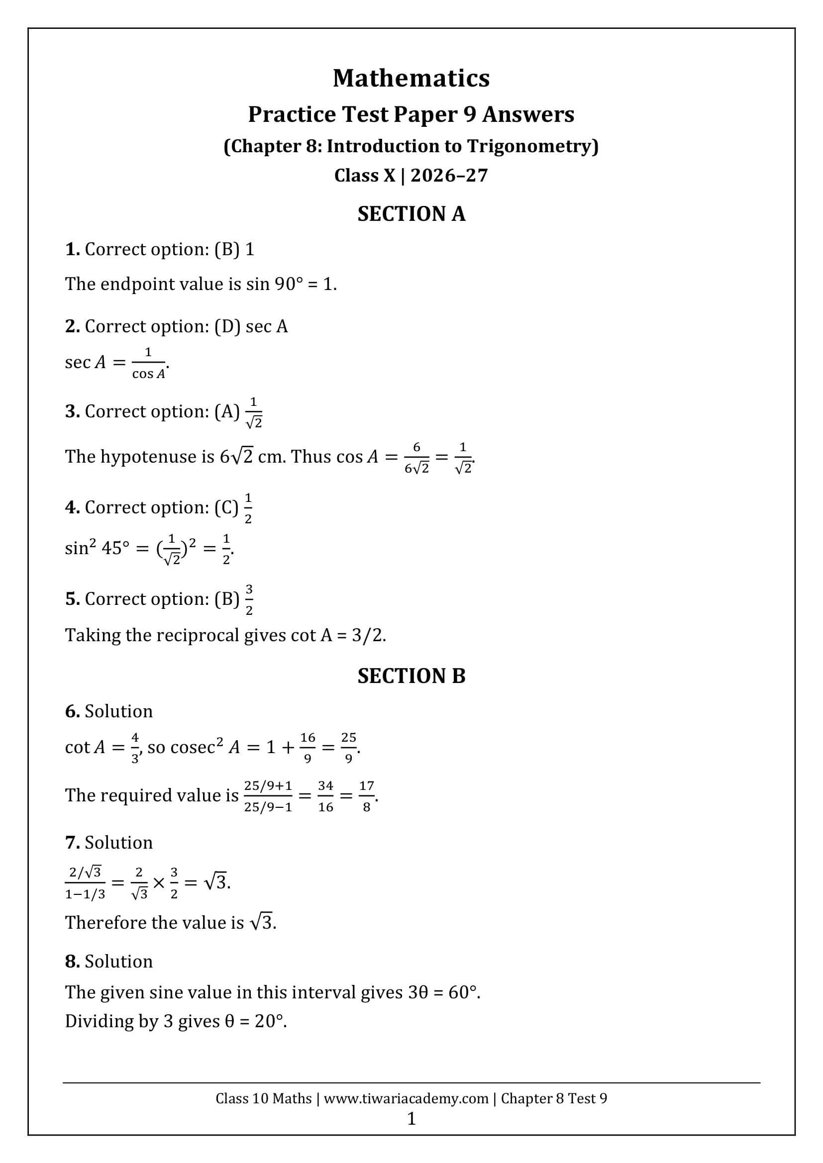 Class 10 Maths Chapter 8 Test Paper 9 Answers Page 1