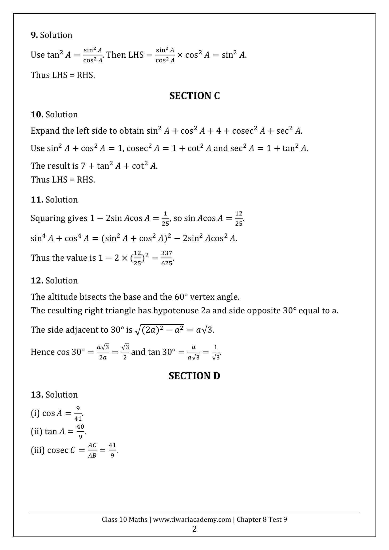 Class 10 Maths Chapter 8 Test Paper 9 Answers Page 2