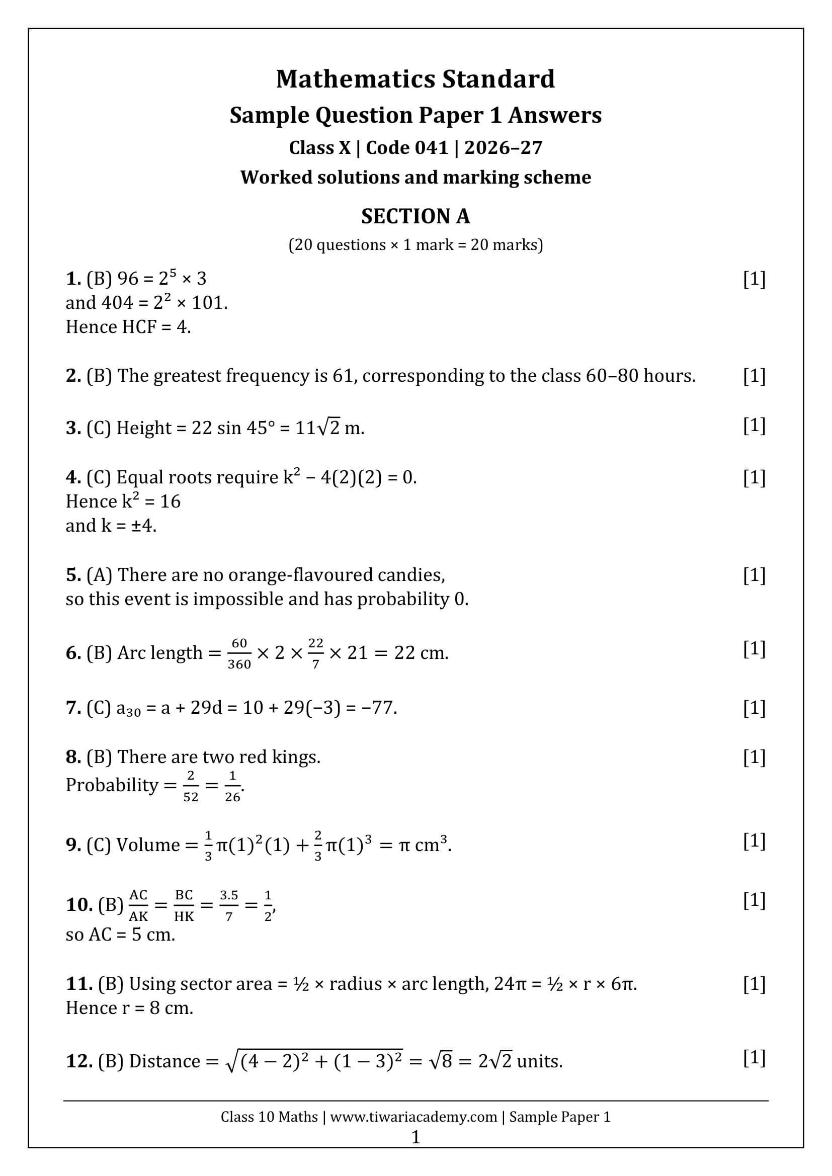 Class 10 Maths Sample Paper 1 Answers Page 1