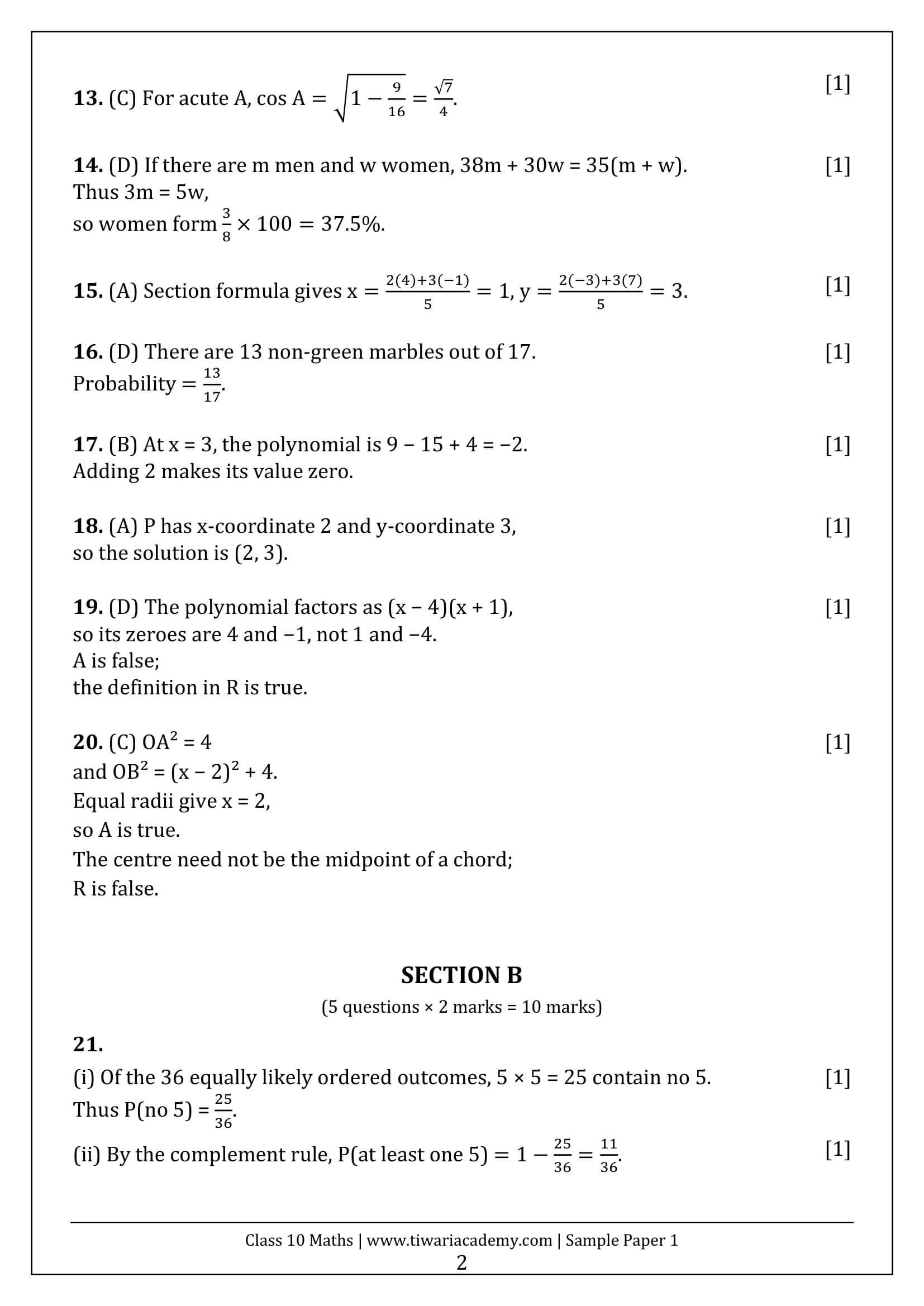 Class 10 Maths Sample Paper 1 Answers Page 2