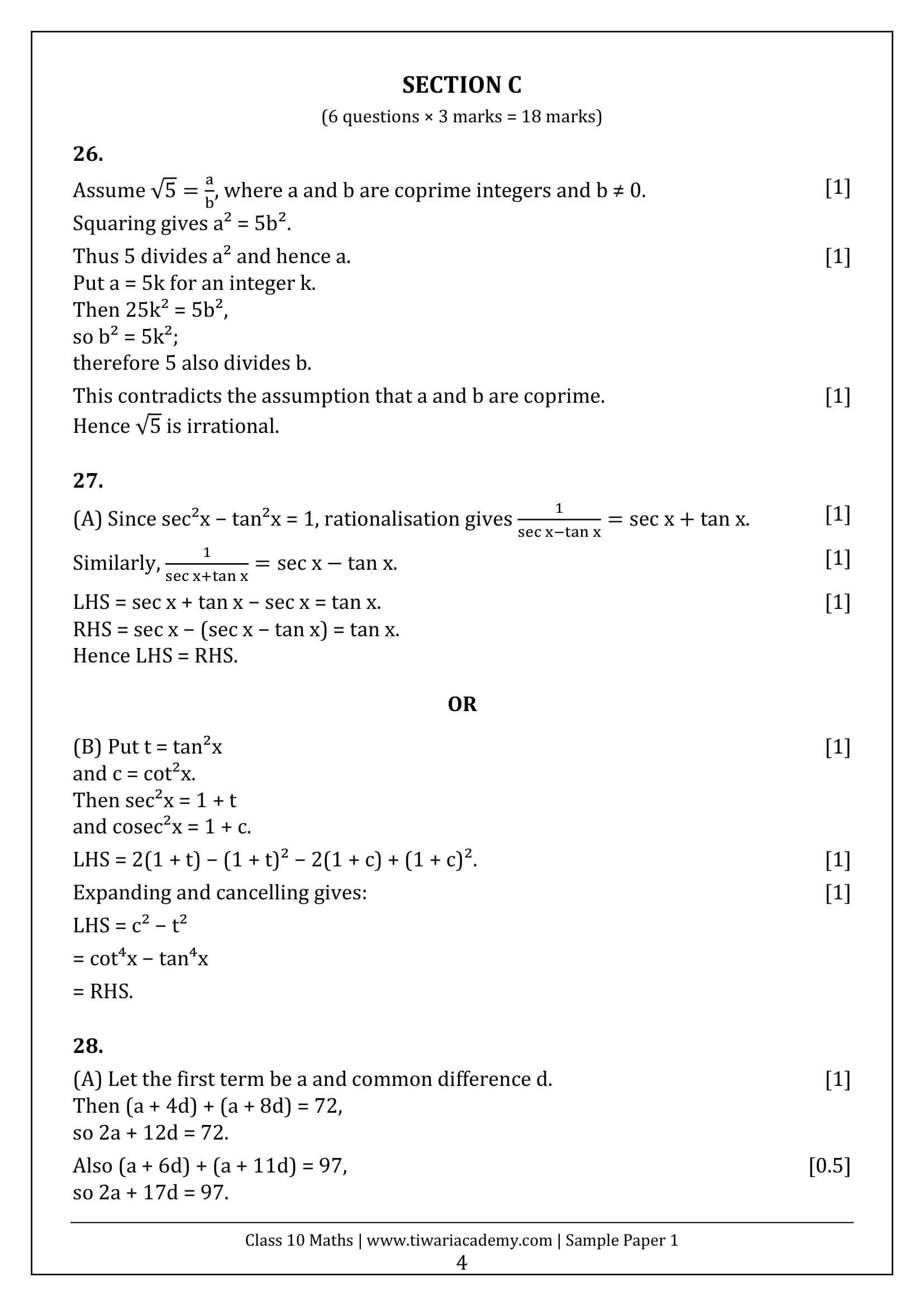 Class 10 Maths Sample Paper 1 Answers Page 4
