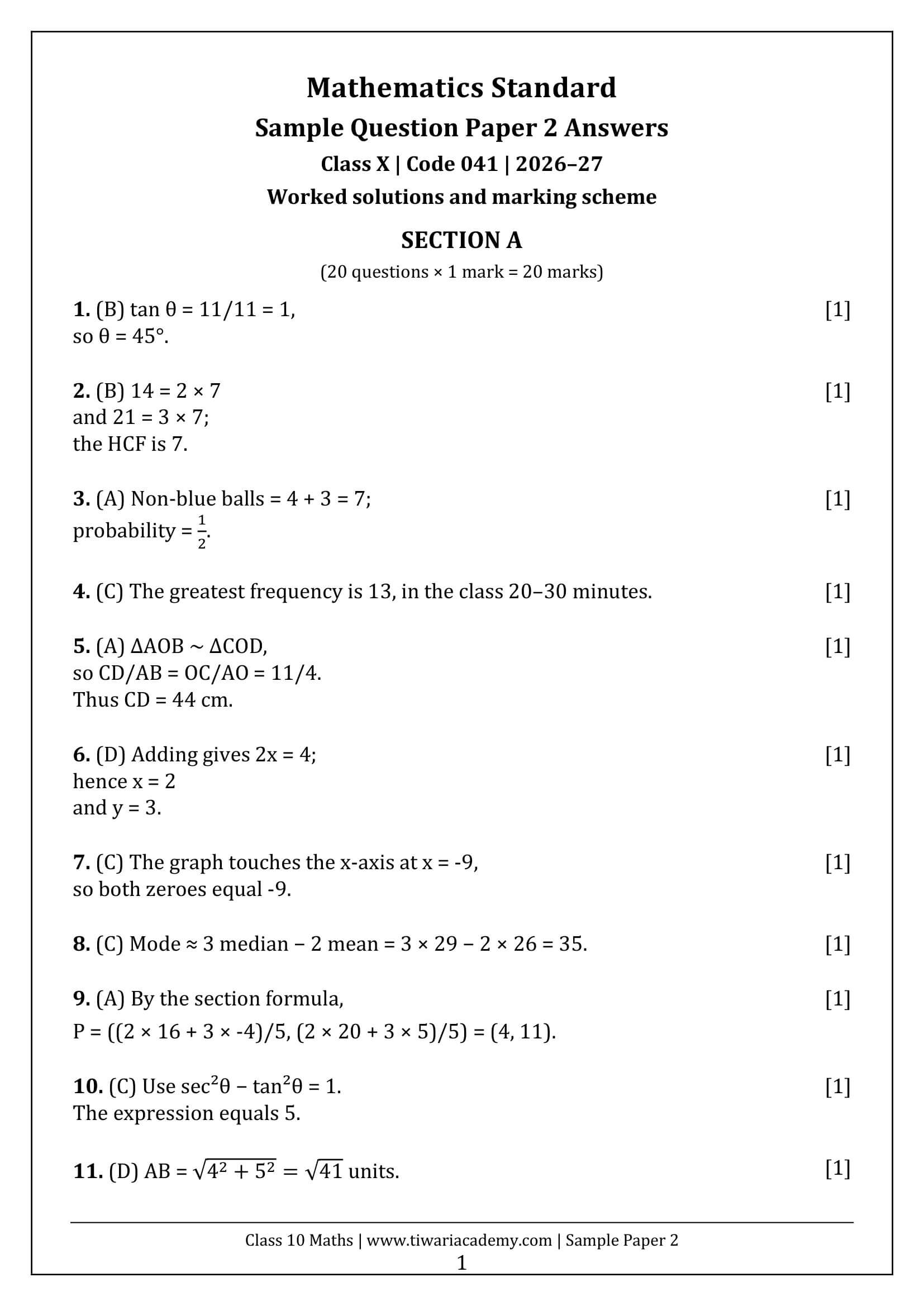 Class 10 Maths Sample Paper 2 Answers Page 1
