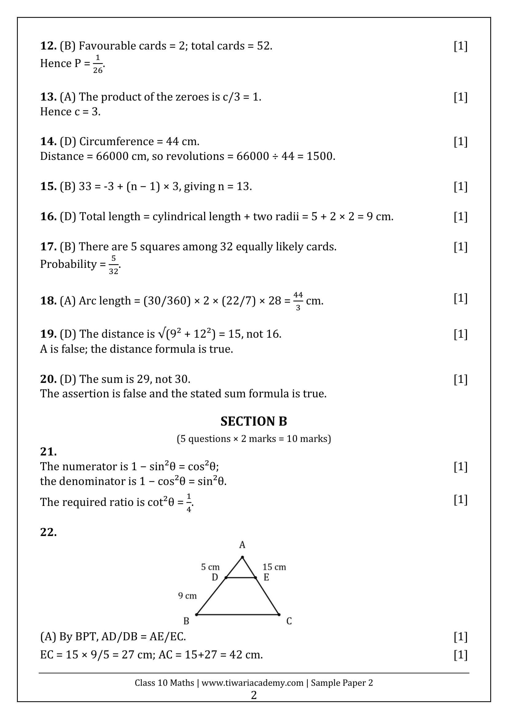 Class 10 Maths Sample Paper 2 Answers Page 2