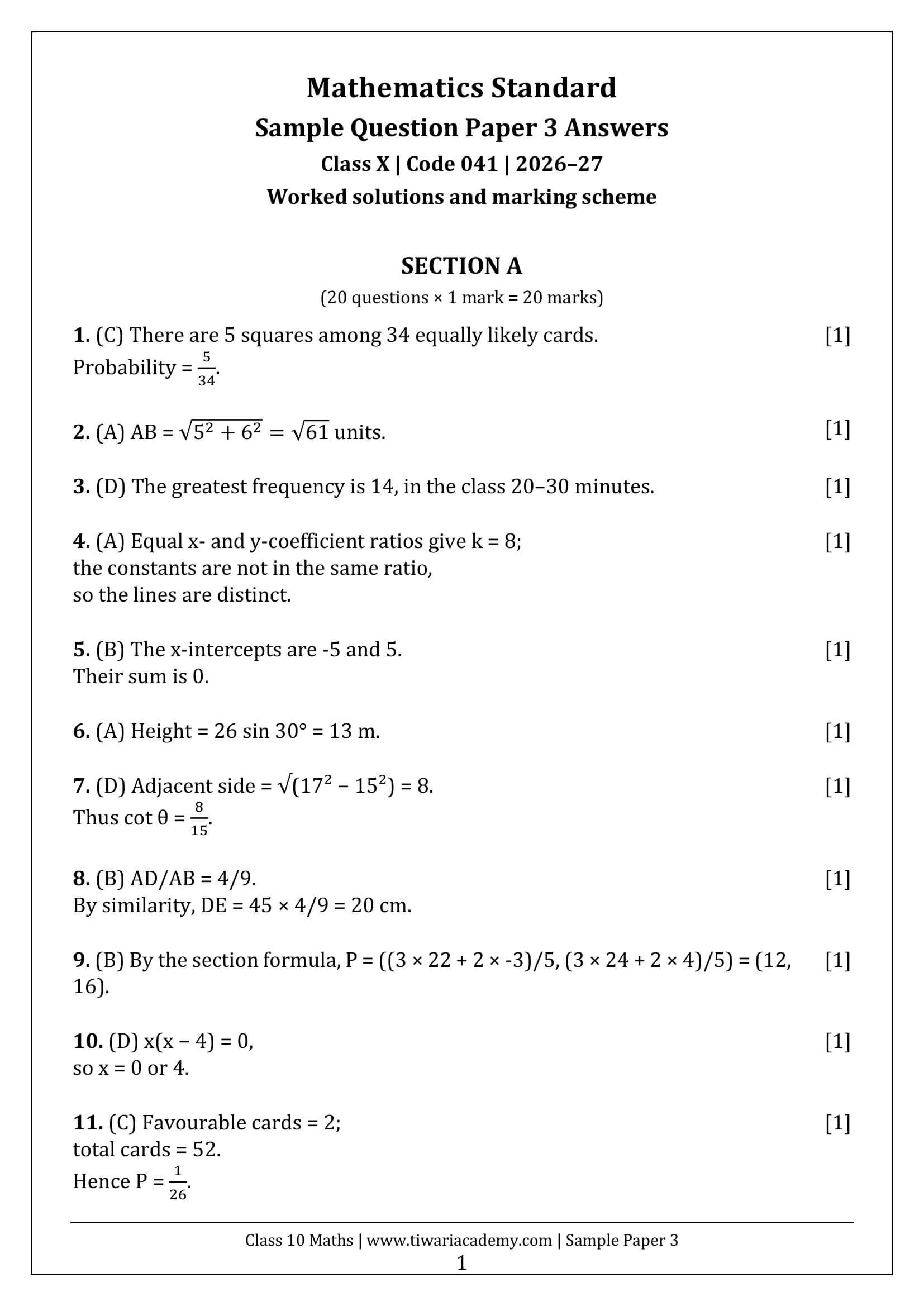 Class 10 Maths Sample Paper 3 Answers Page 1