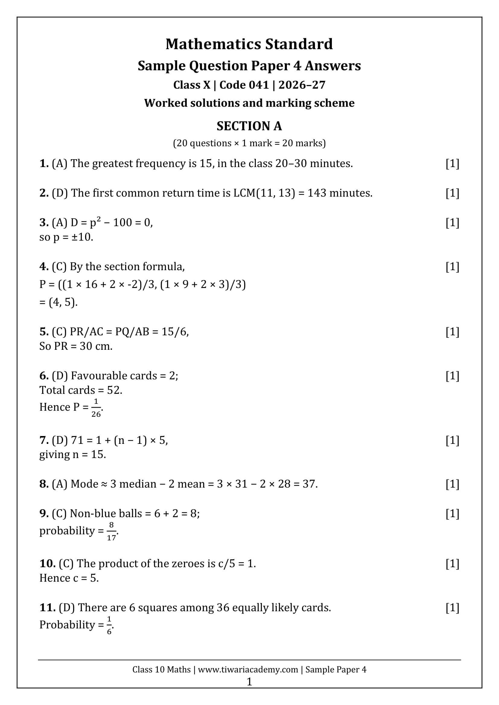 Class 10 Maths Sample Paper 4 Answers Page 1