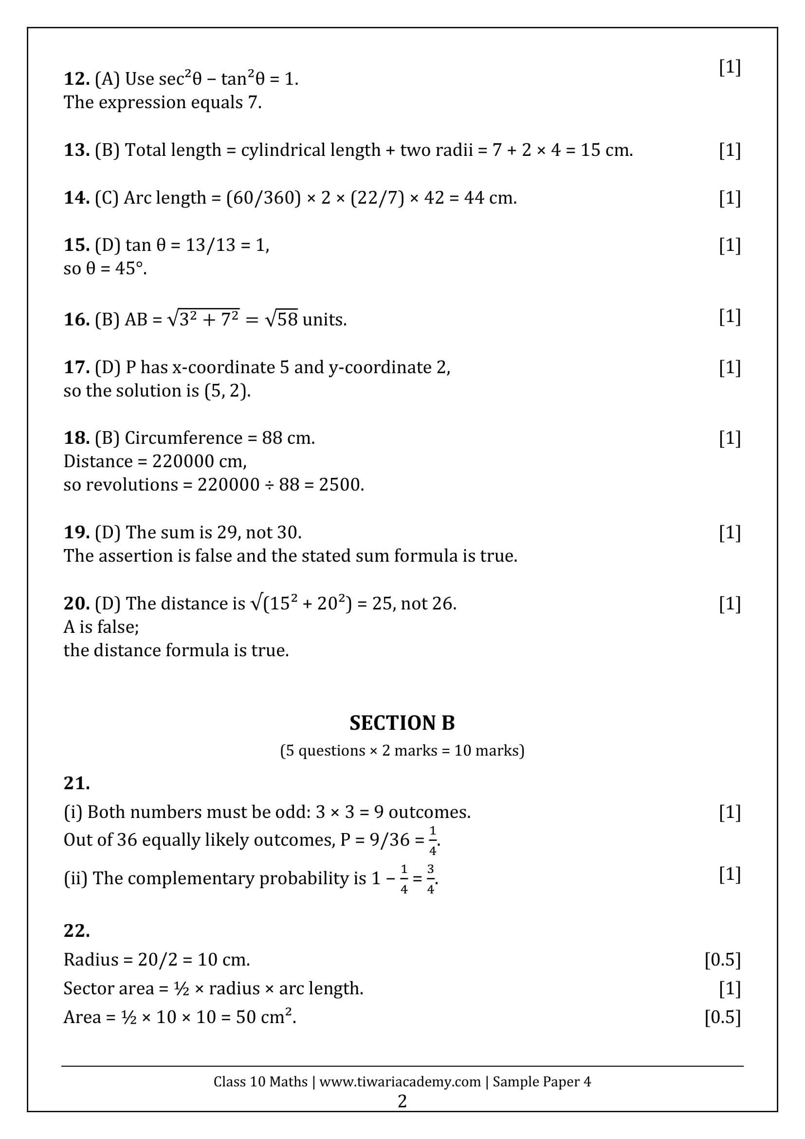 Class 10 Maths Sample Paper 4 Answers Page 2