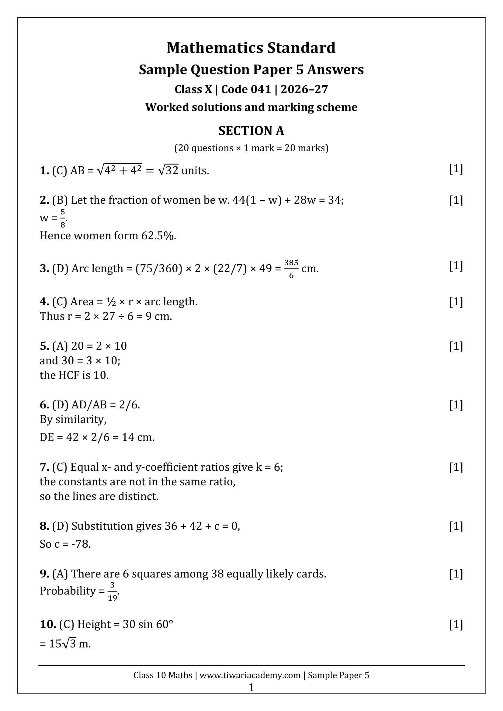 Class 10 Maths Sample Paper 5 Answers Page 1