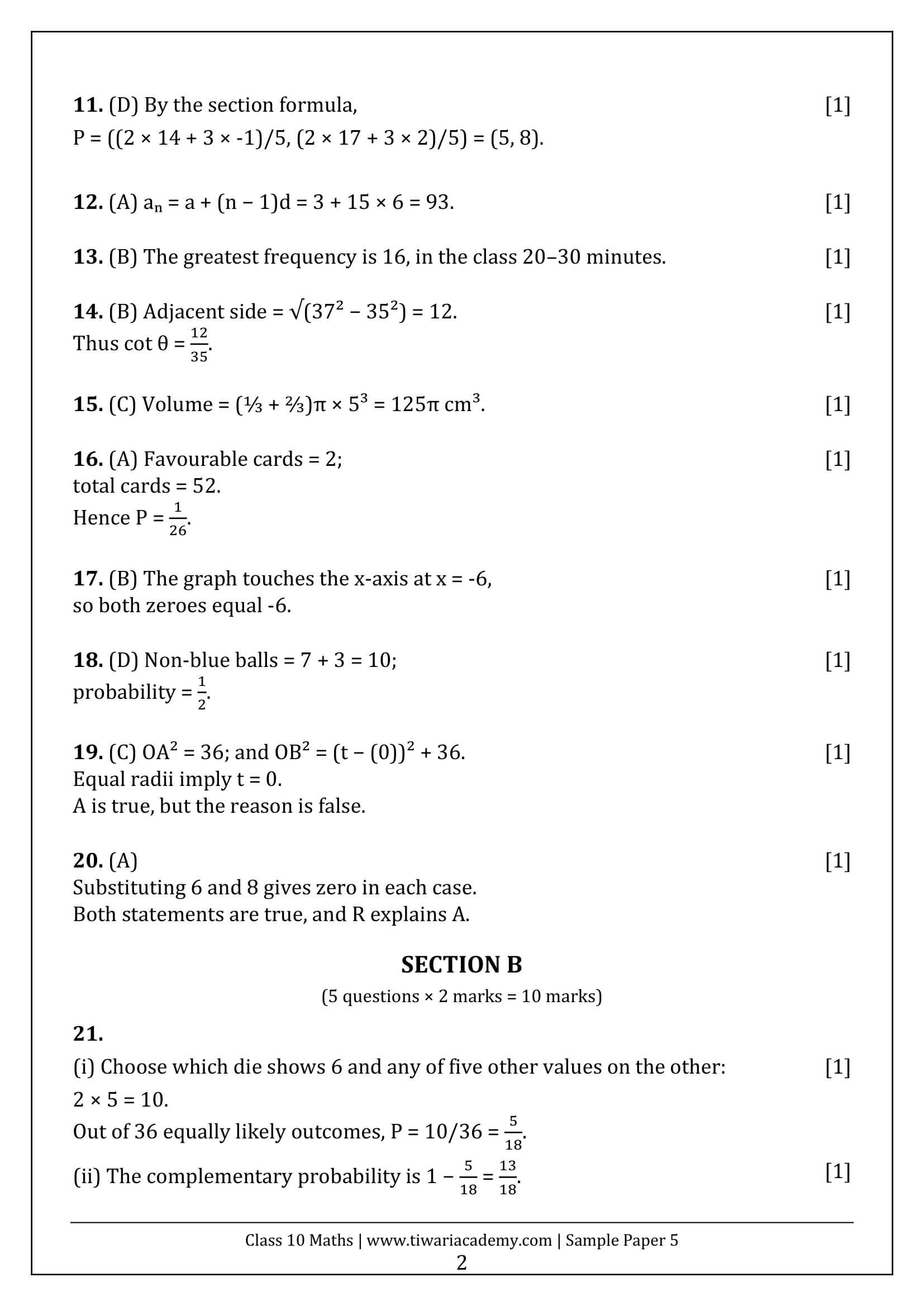 Class 10 Maths Sample Paper 5 Answers Page 2