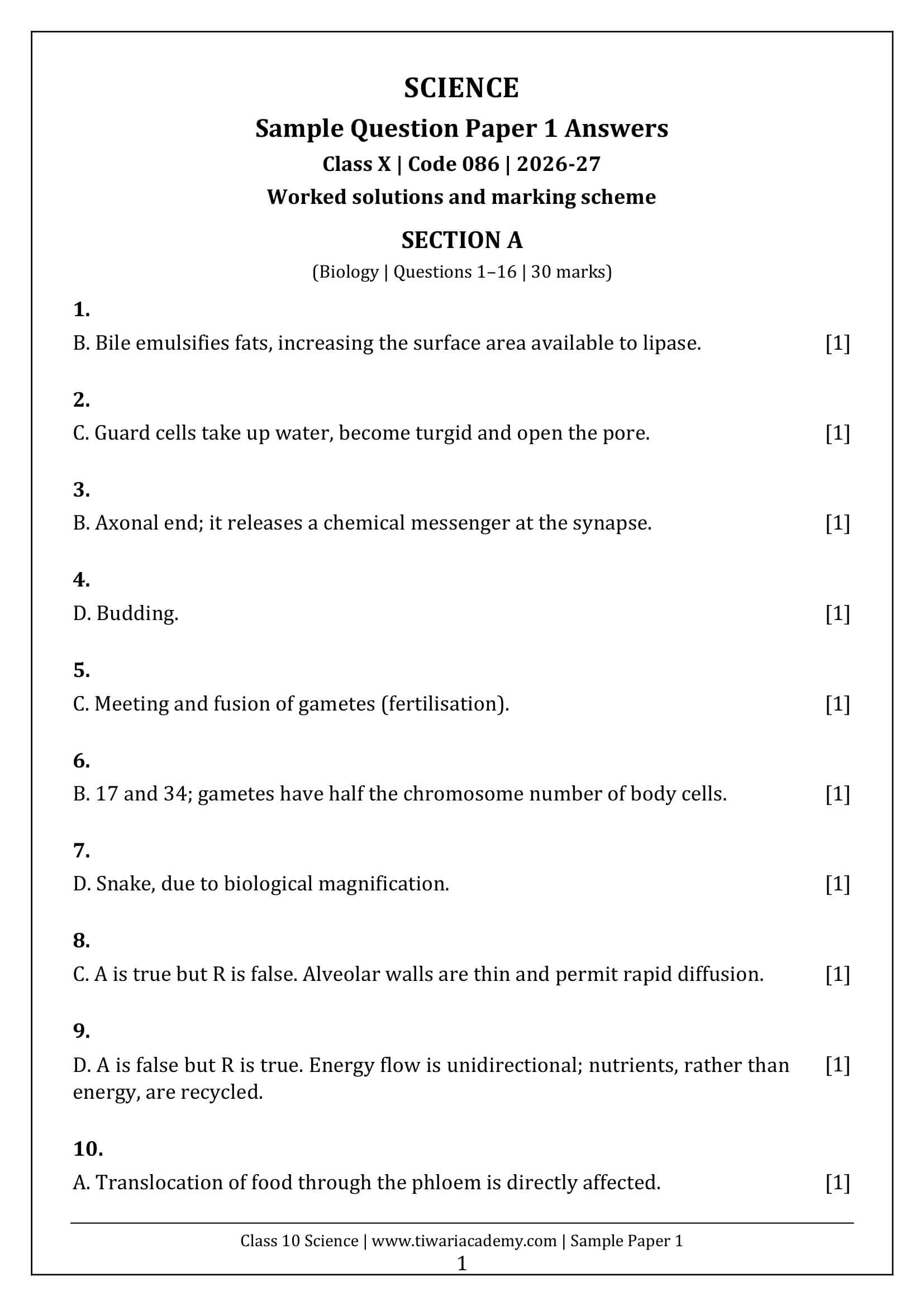 Class 10 Science Sample Paper 1 Answers Page 1