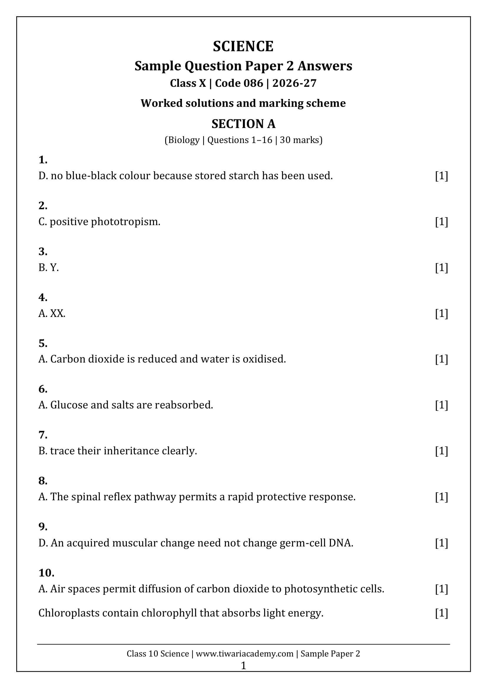 CBSE Sample Papers for Class 10 Science 2026-27 with Answers