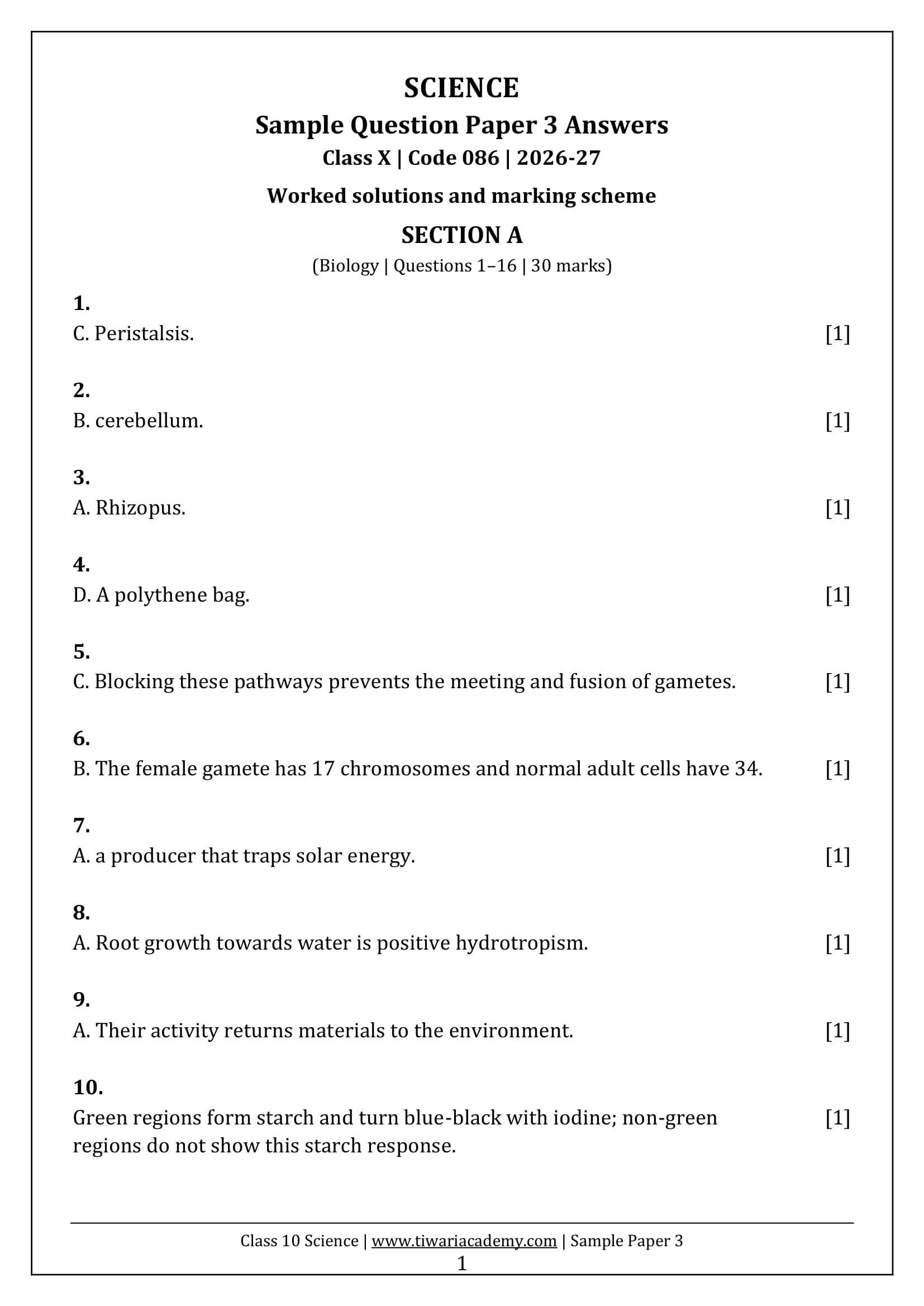 Class 10 Science Sample Paper 3 Answers Page 1