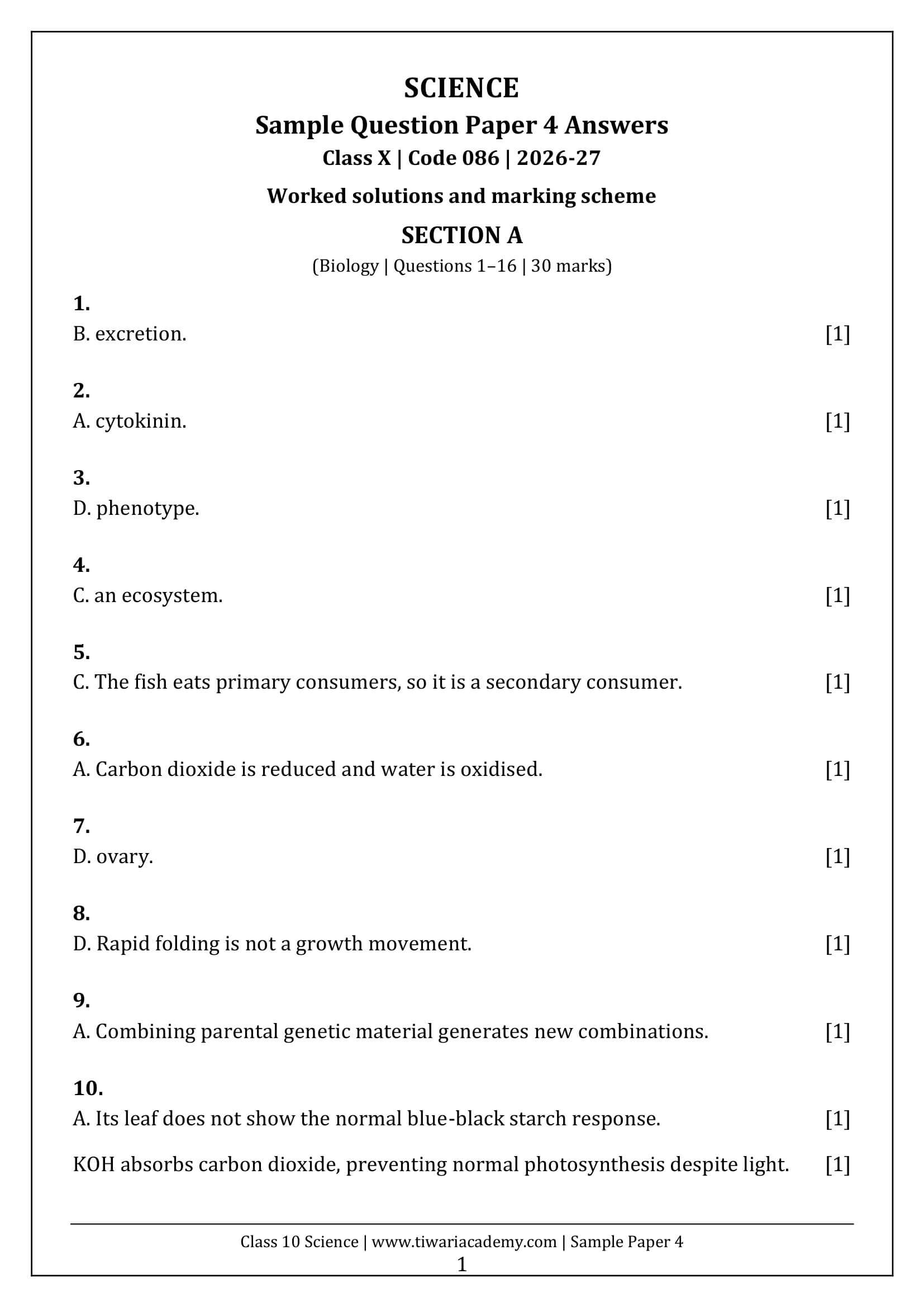 Class 10 Science Sample Paper 4 Answers Page 1