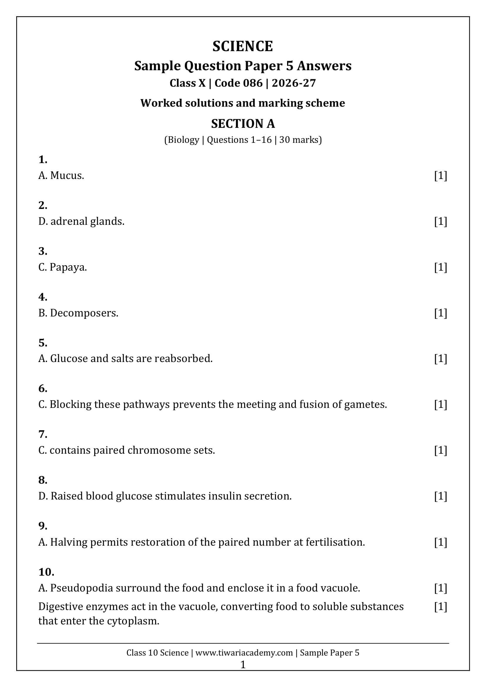Class 10 Science Sample Paper 5 Answers Page 1