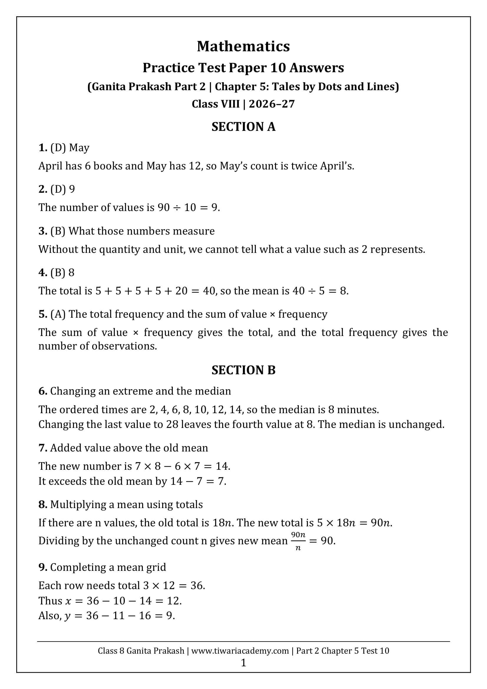 Class 8 Maths Part 2 Chapter 5 Test Paper 10 Answers Page 1