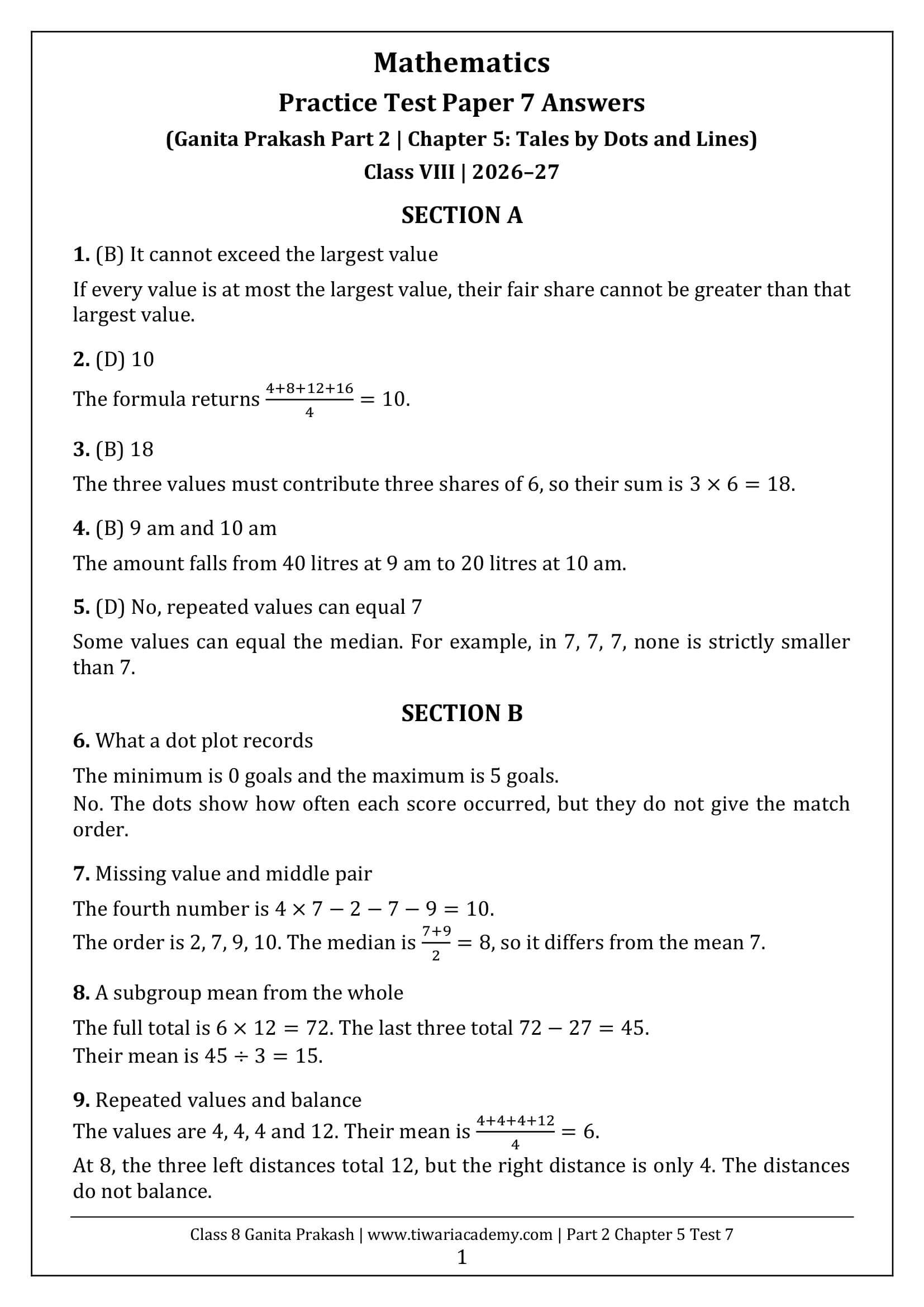 Class 8 Maths Part 2 Chapter 5 Test Paper 7 Answers Page 1