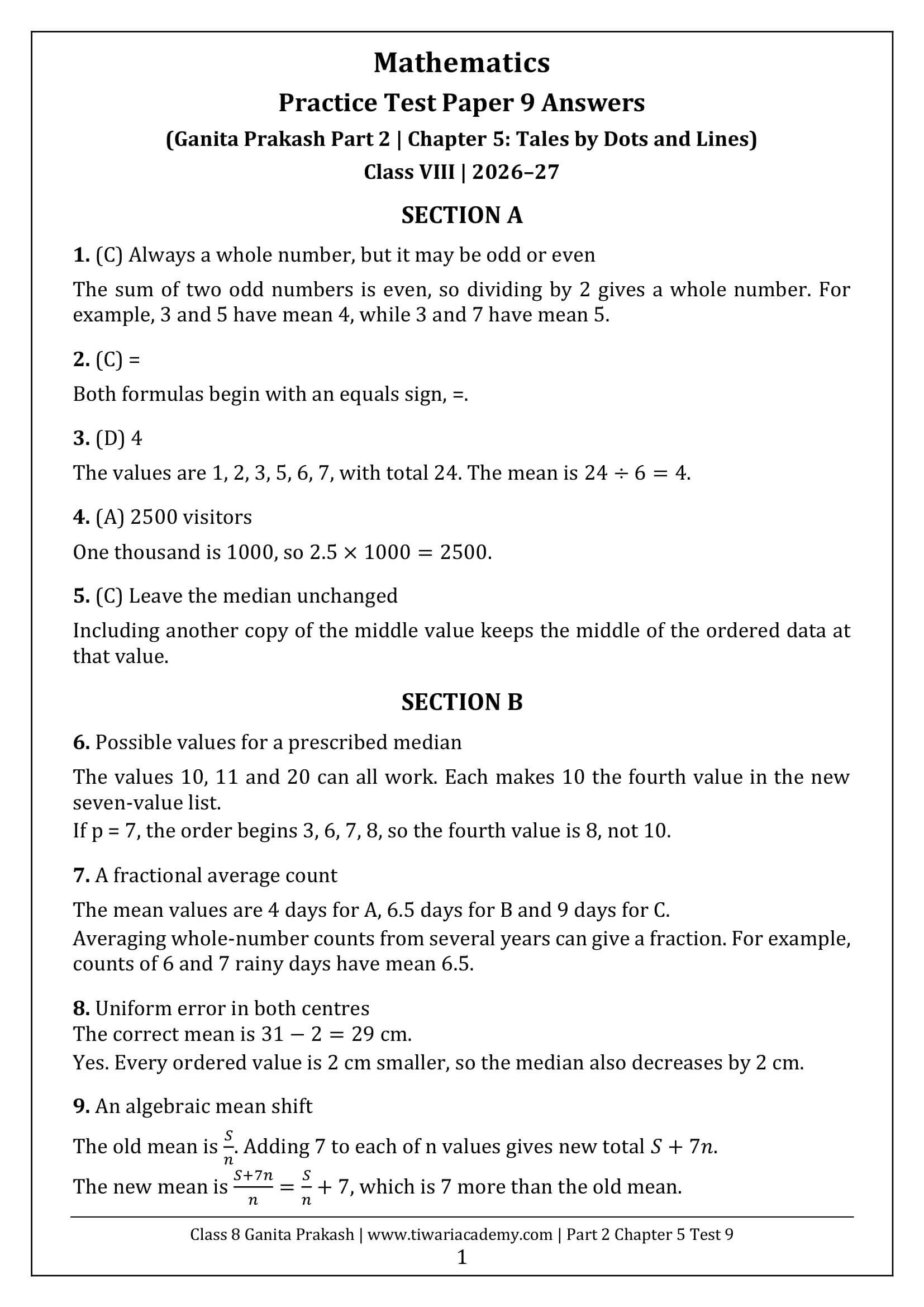Class 8 Maths Part 2 Chapter 5 Test Paper 9 Answers Page 1