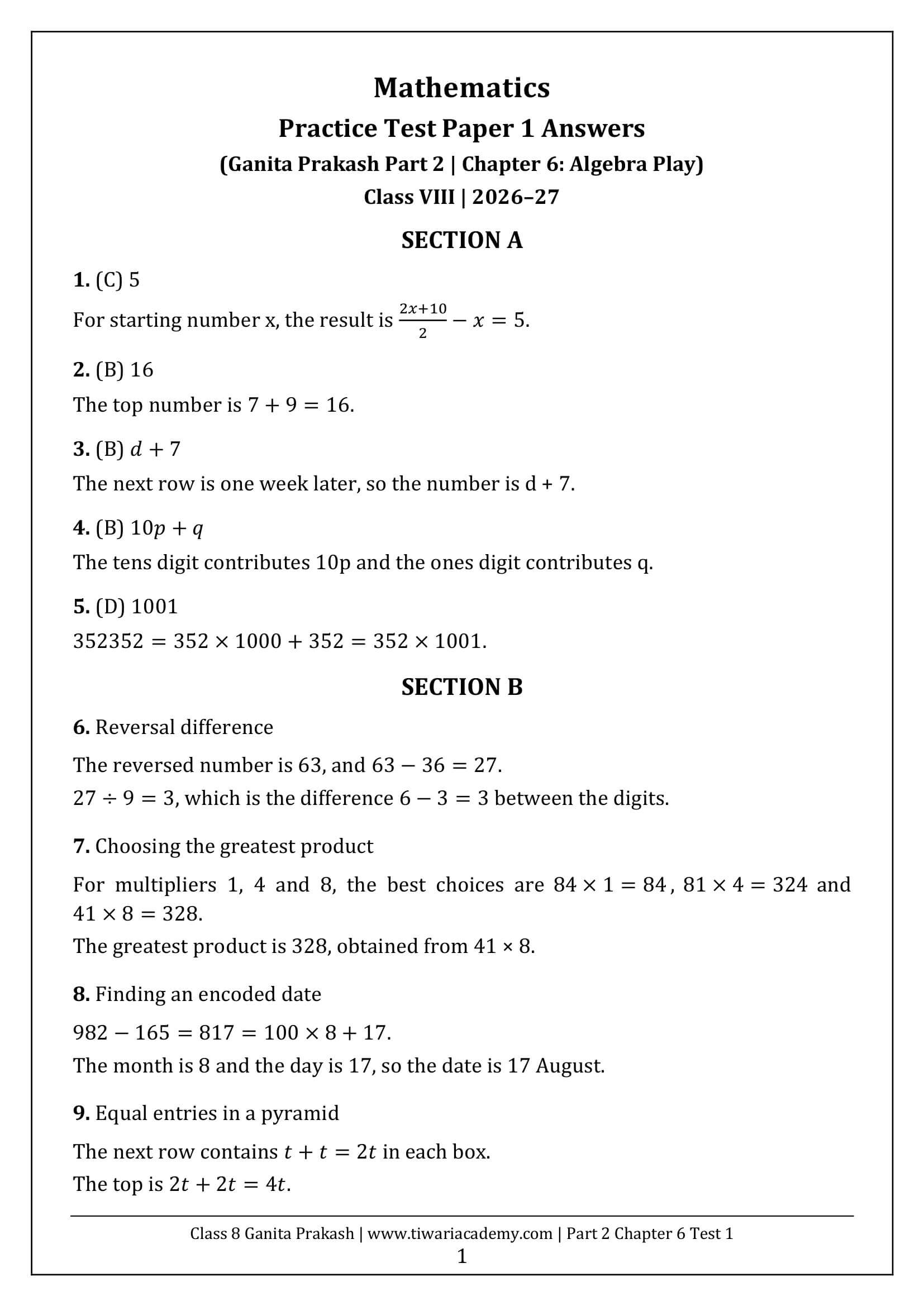 Class 8 Maths Part 2 Chapter 6 Test Paper 1 Answers Page 1