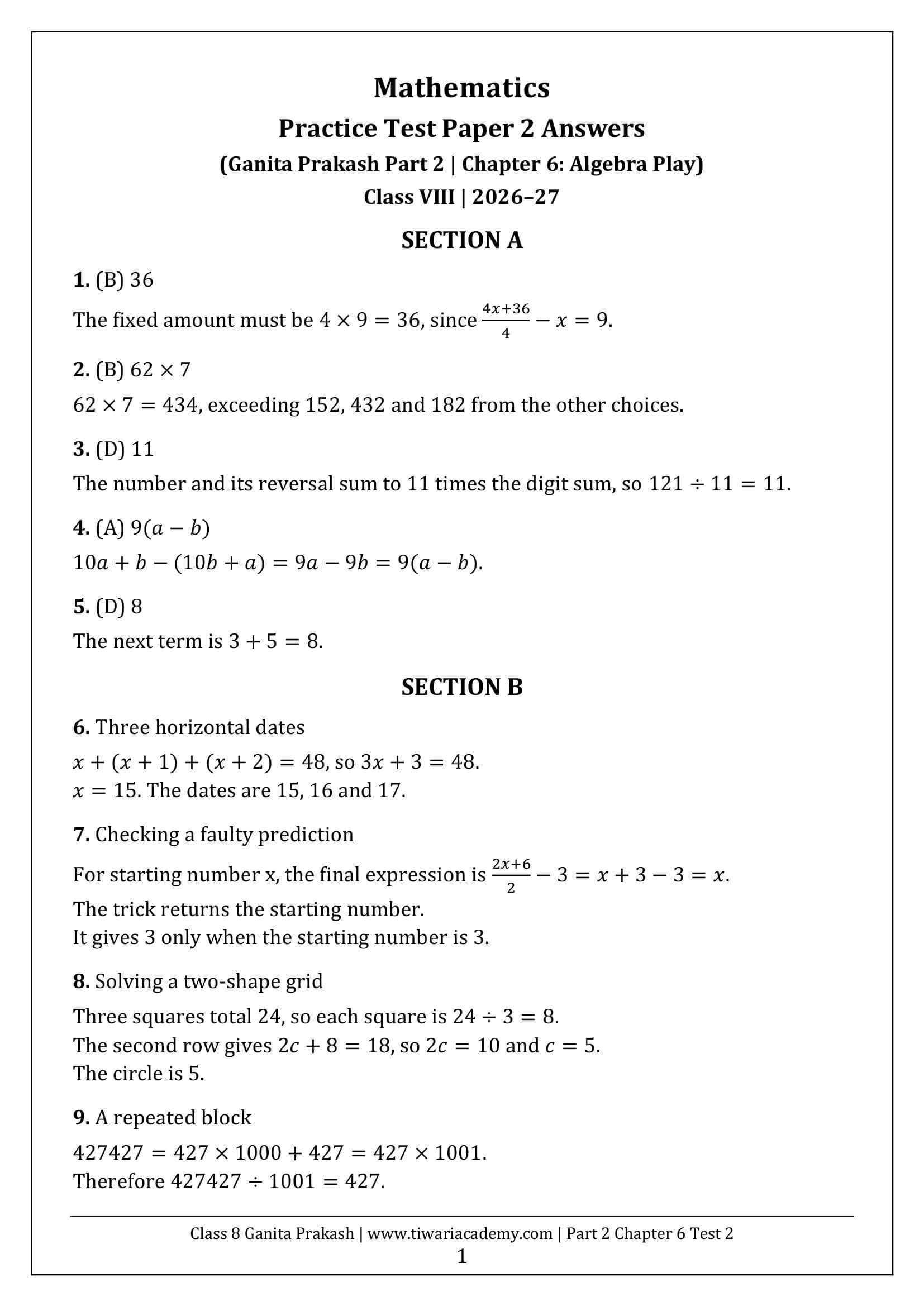 Class 8 Maths Part 2 Chapter 6 Test Paper 2 Answers Page 1