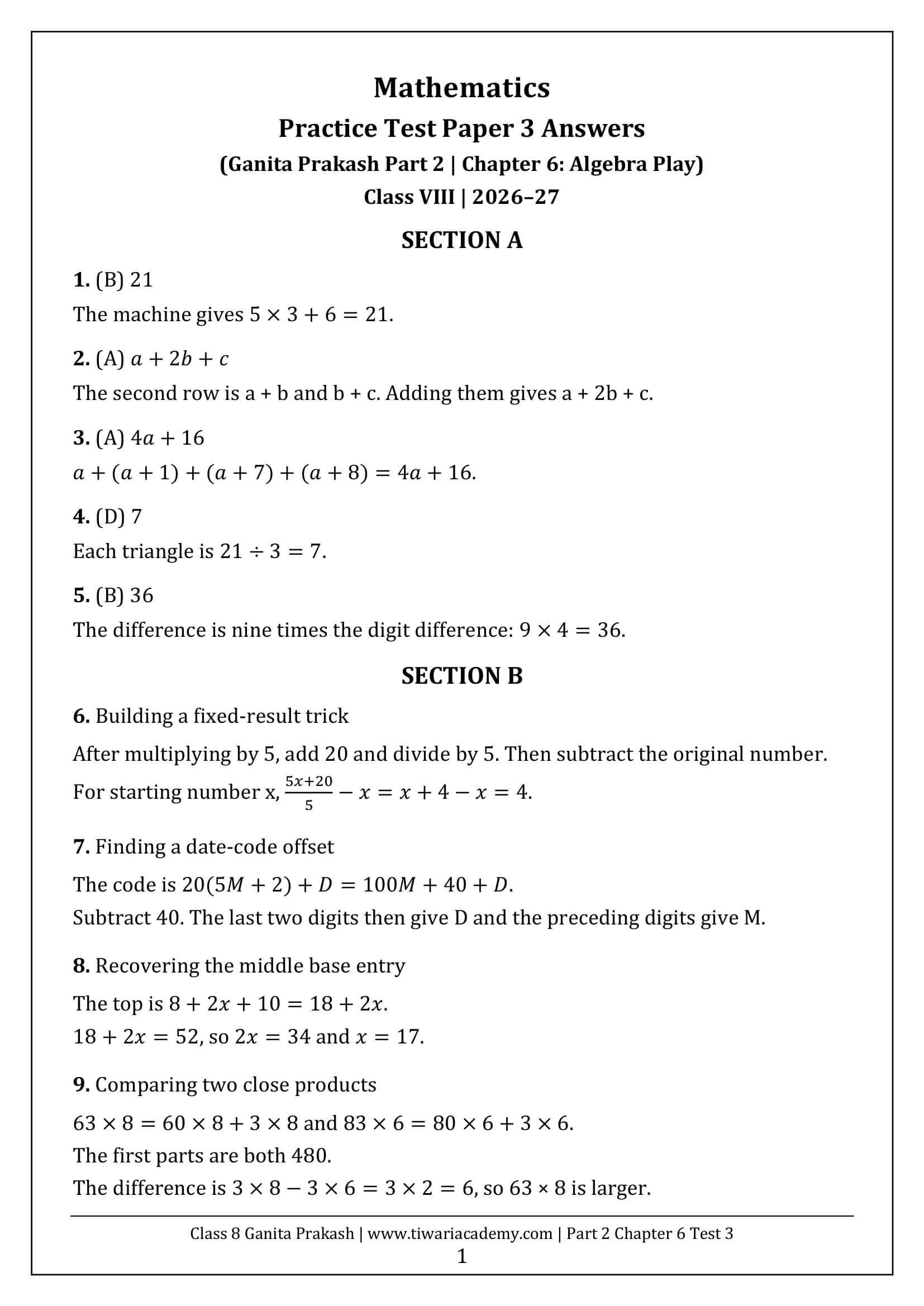 Class 8 Maths Part 2 Chapter 6 Test Paper 3 Answers Page 1