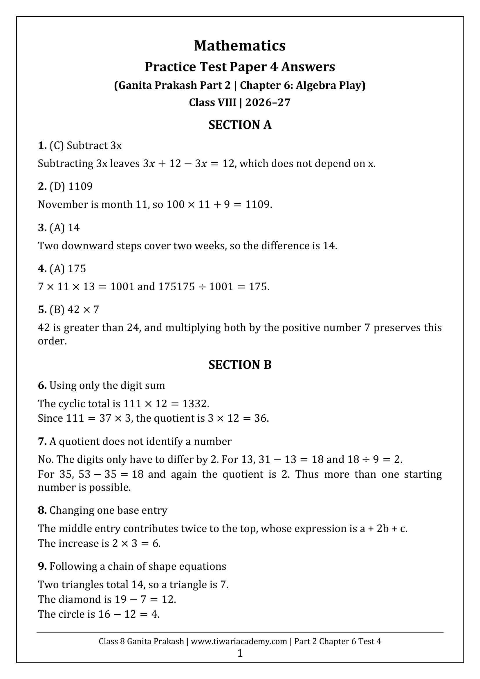Class 8 Maths Part 2 Chapter 6 Test Paper 4 Answers Page 1