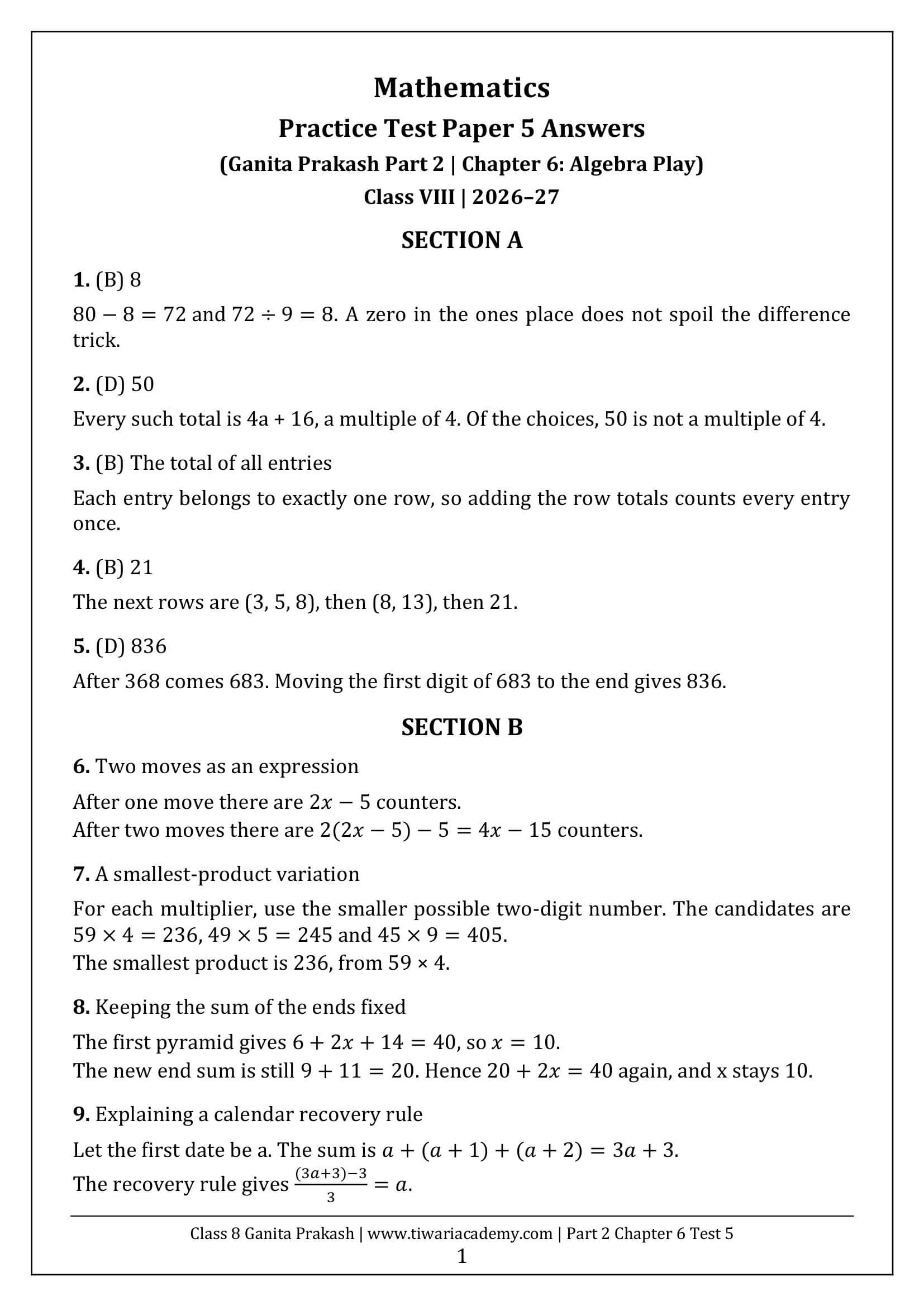 Class 8 Maths Part 2 Chapter 6 Test Paper 5 Answers Page 1