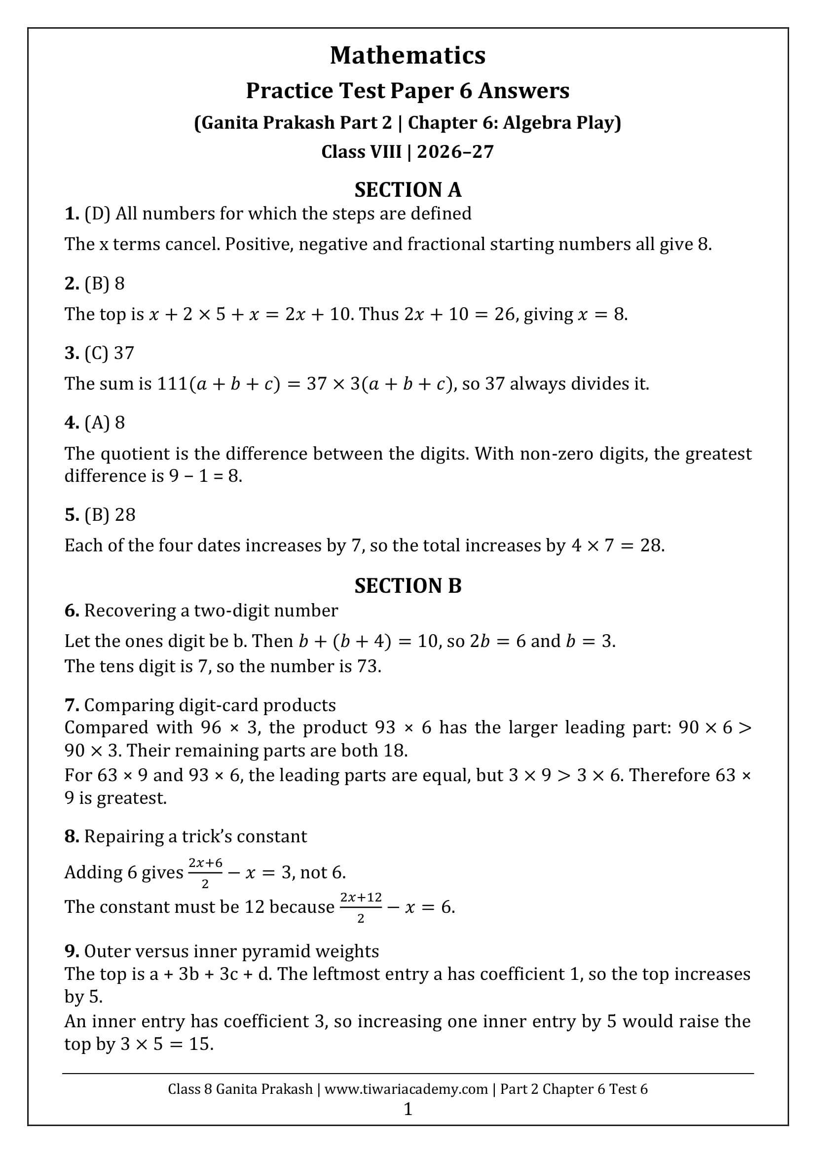 Class 8 Maths Part 2 Chapter 6 Test Paper 6 Answers Page 1