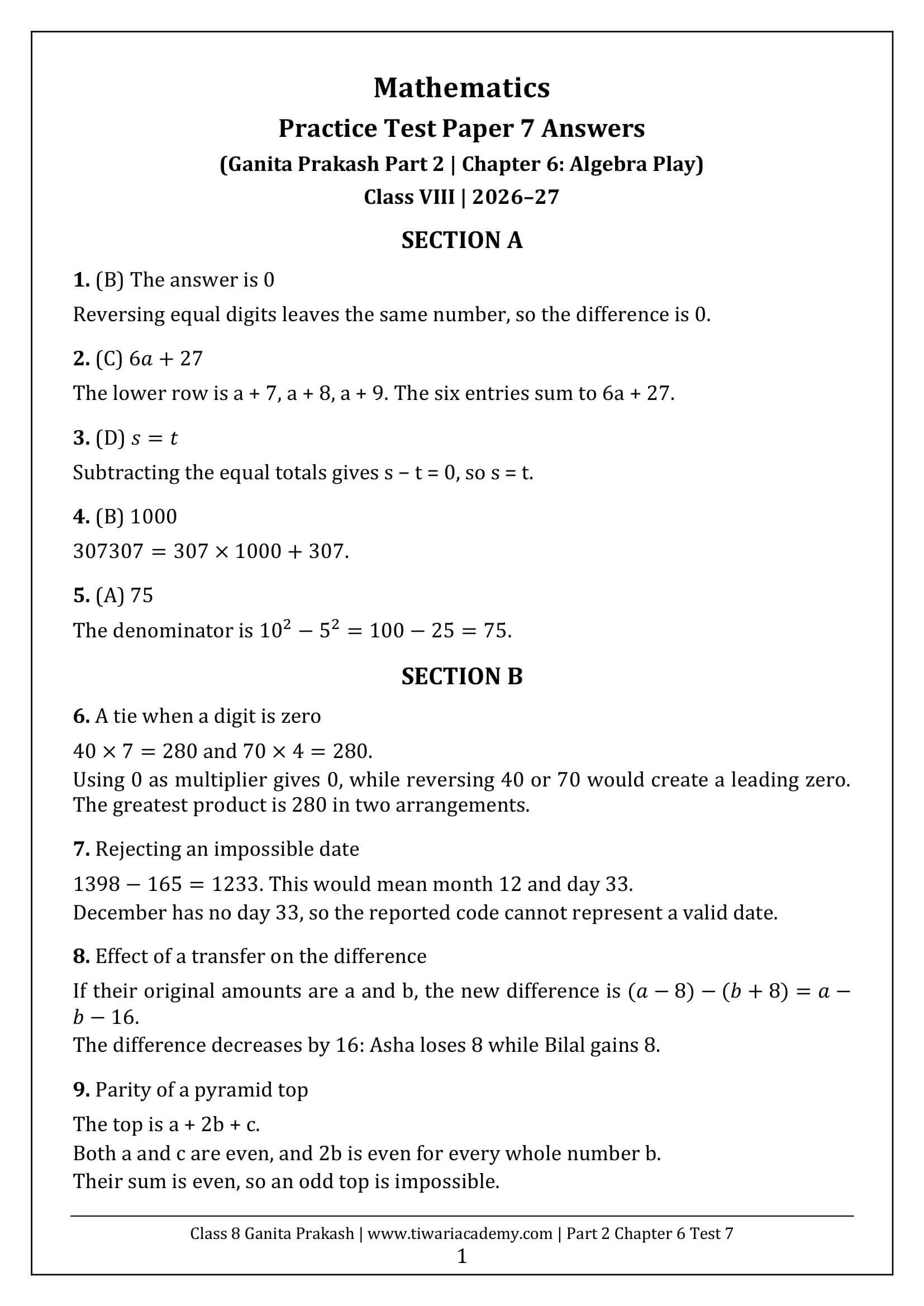 Class 8 Maths Part 2 Chapter 6 Test Paper 7 Answers Page 1