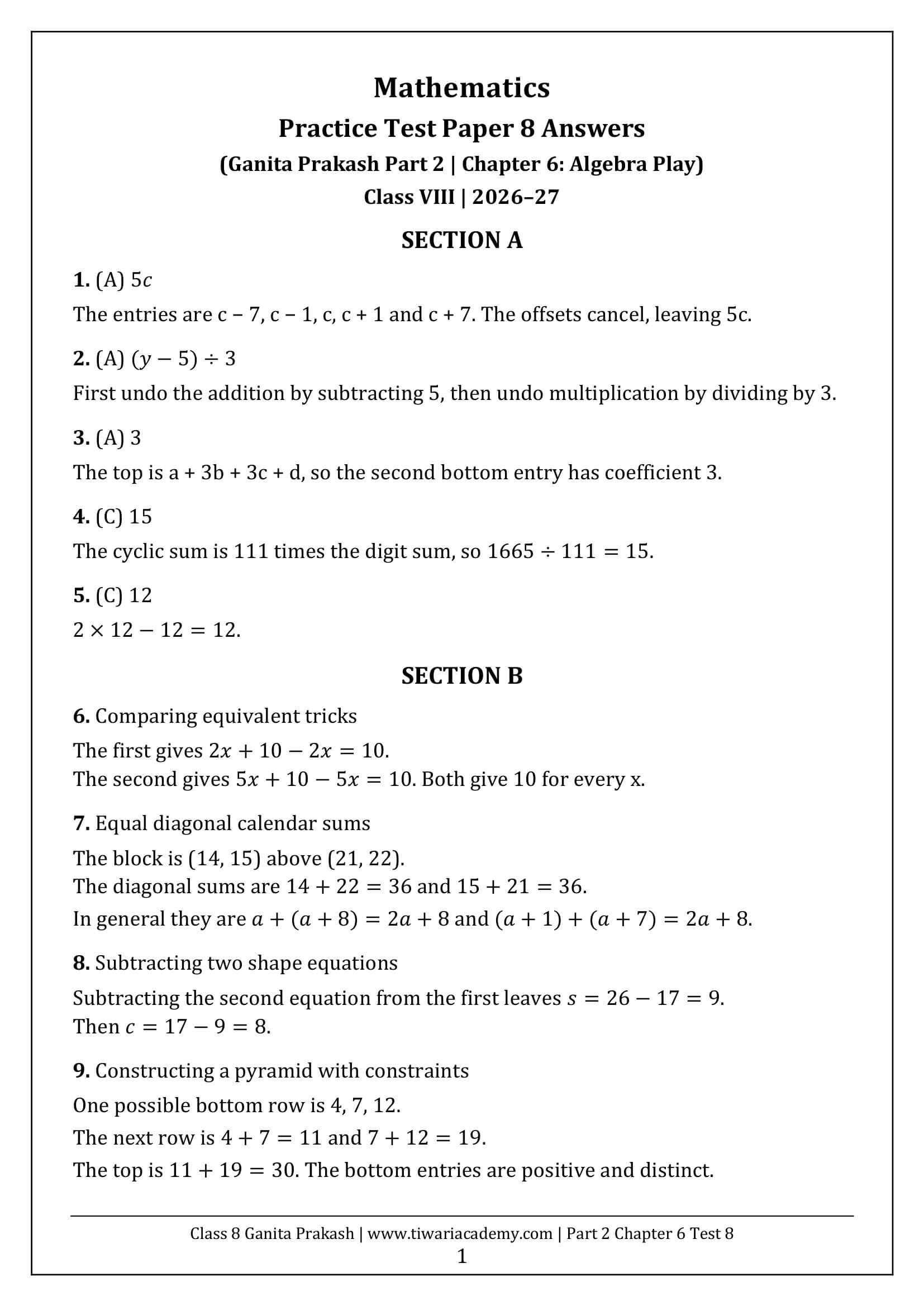 Class 8 Maths Part 2 Chapter 6 Test Paper 8 Answers Page 1