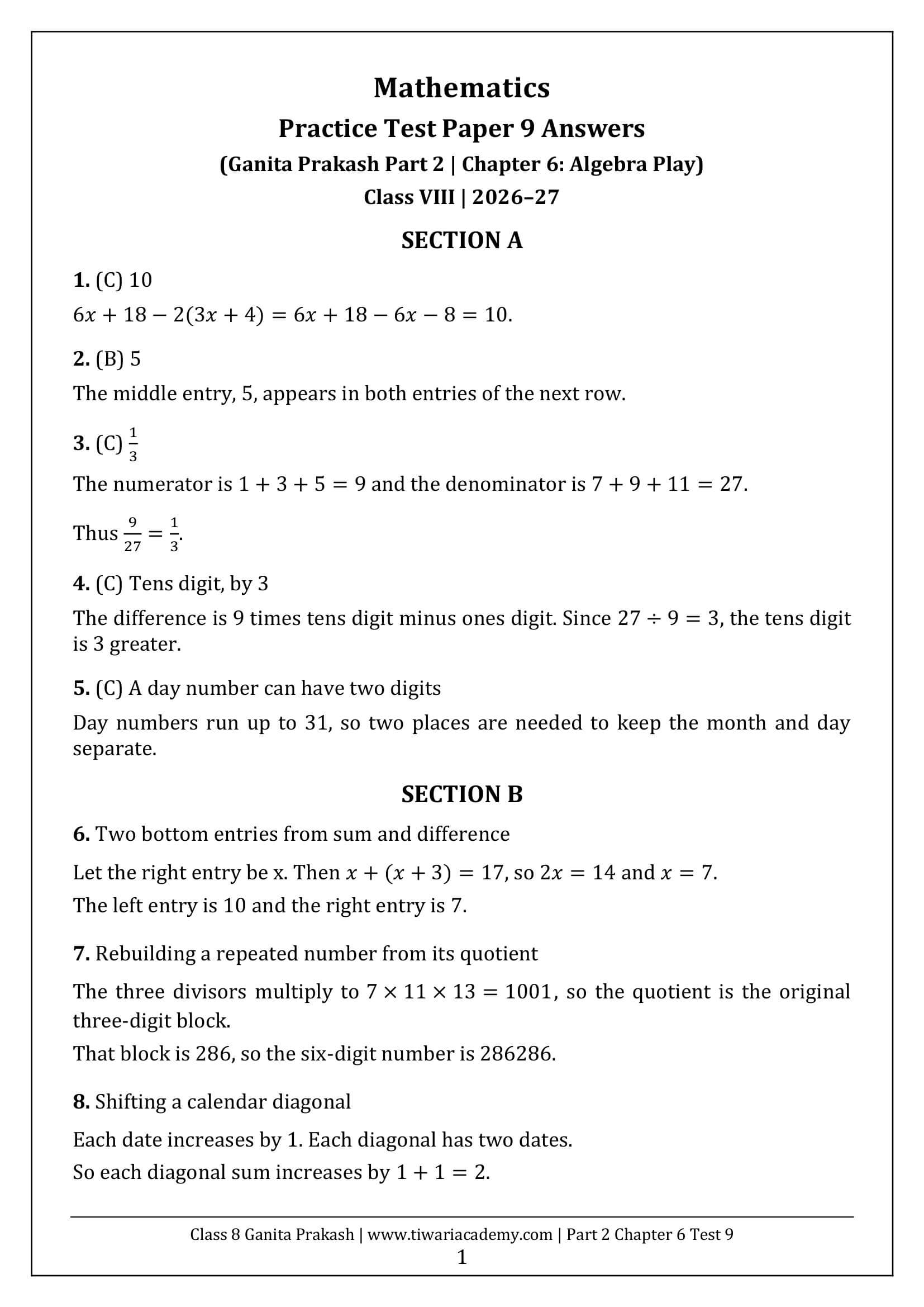 Class 8 Maths Part 2 Chapter 6 Test Paper 9 Answers Page 1