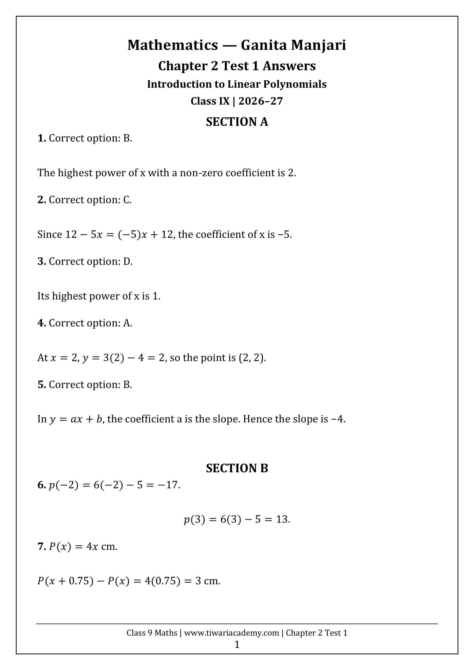 Class 9 Maths Ganita Manjari Chapter 2 Test 1 Answer Page 1
