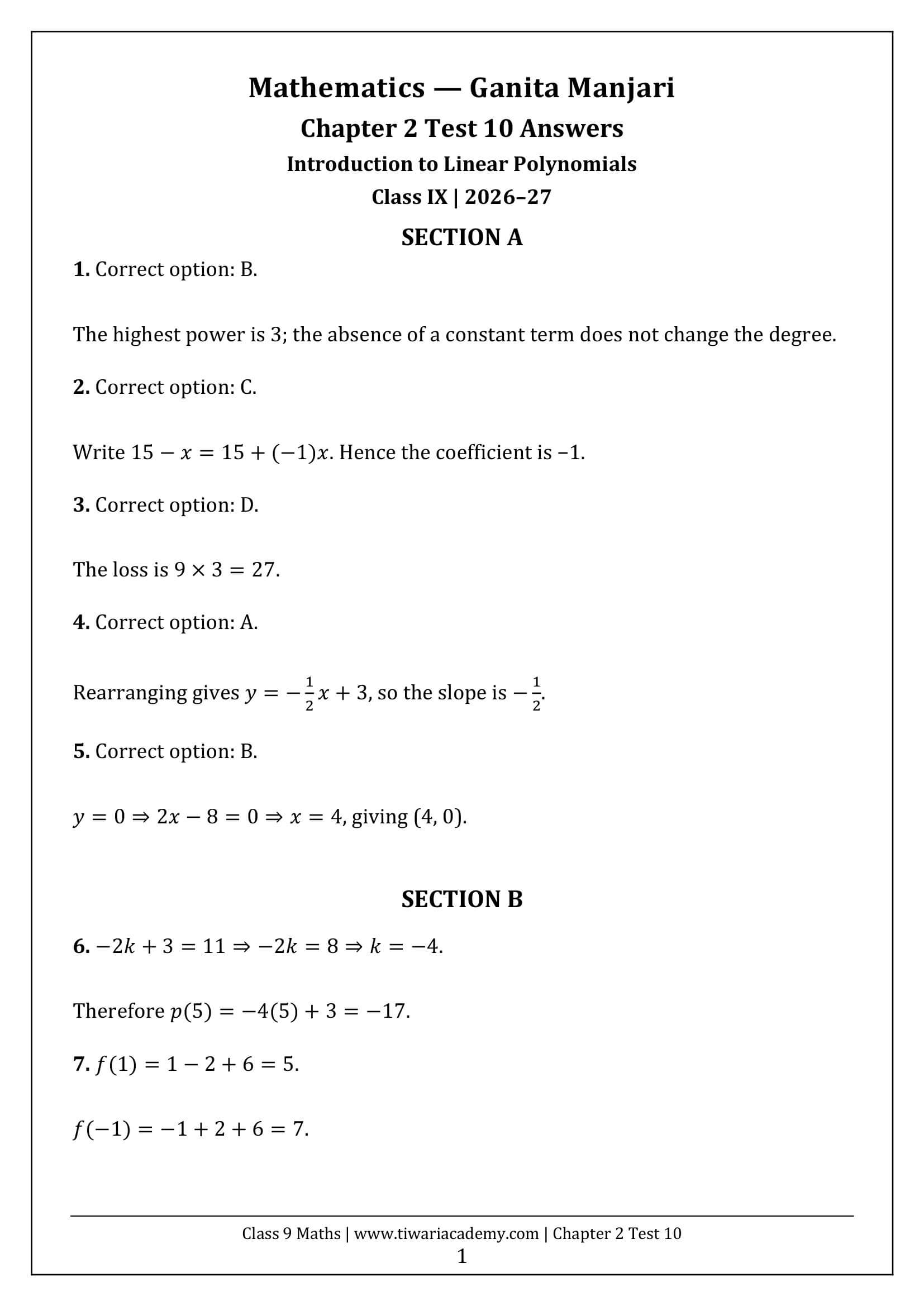 Class 9 Maths Ganita Manjari Chapter 2 Test 10 Answer Page 1