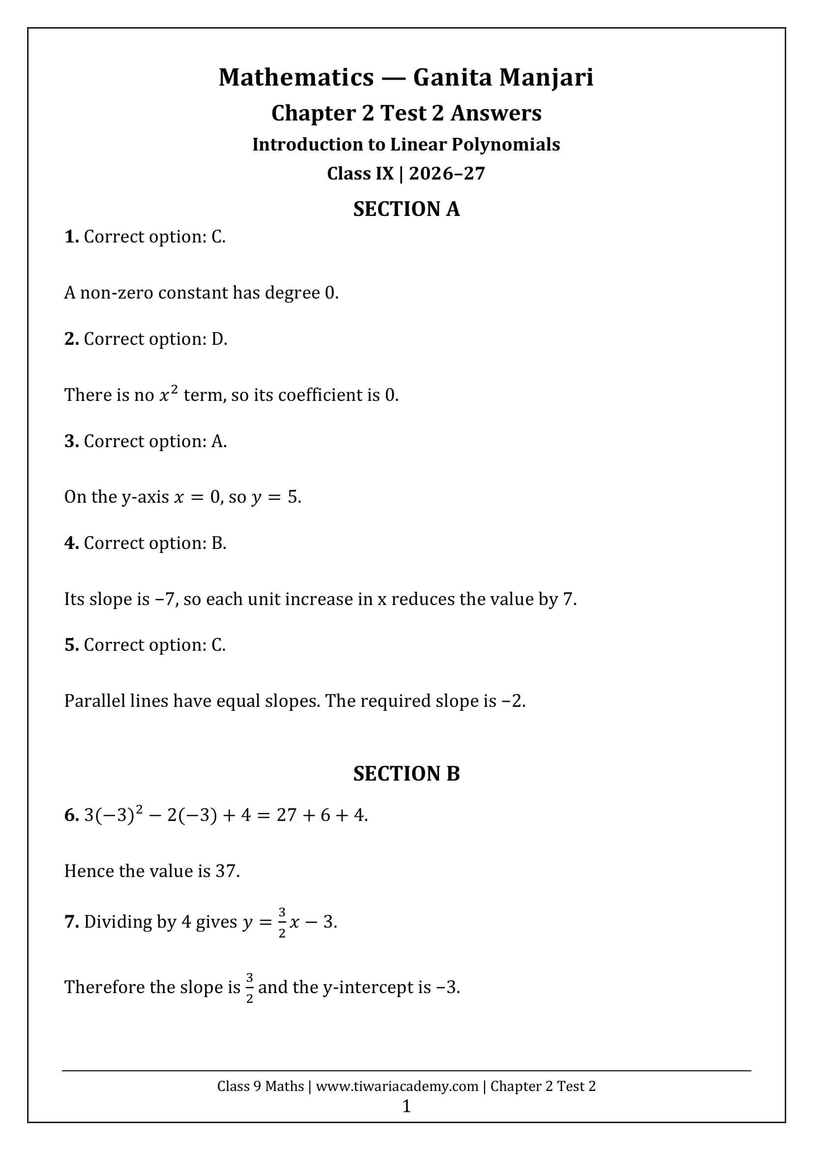 Class 9 Maths Ganita Manjari Chapter 2 Test 2 Answer Page 1