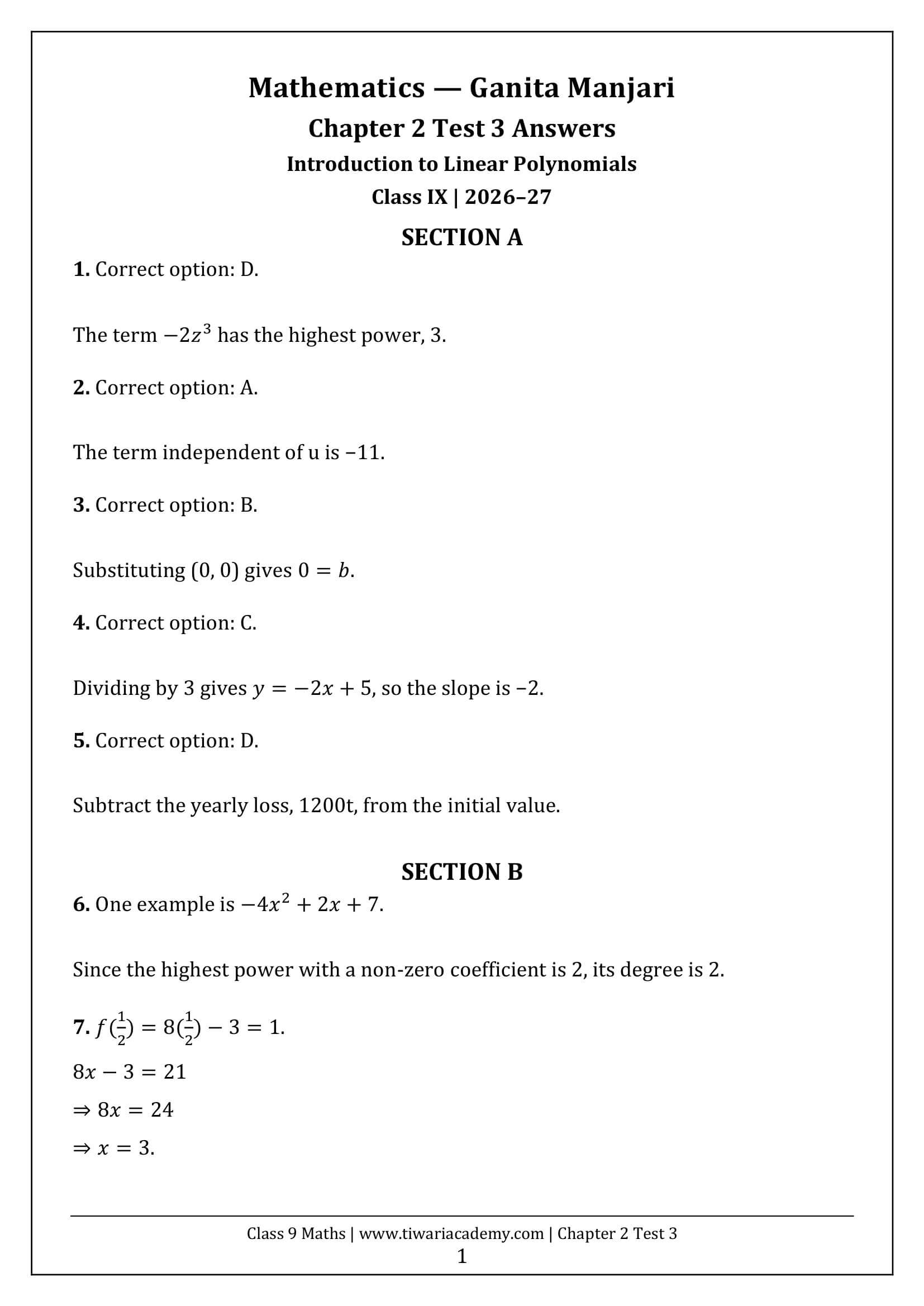 Class 9 Maths Ganita Manjari Chapter 2 Test 3 Answer Page 1