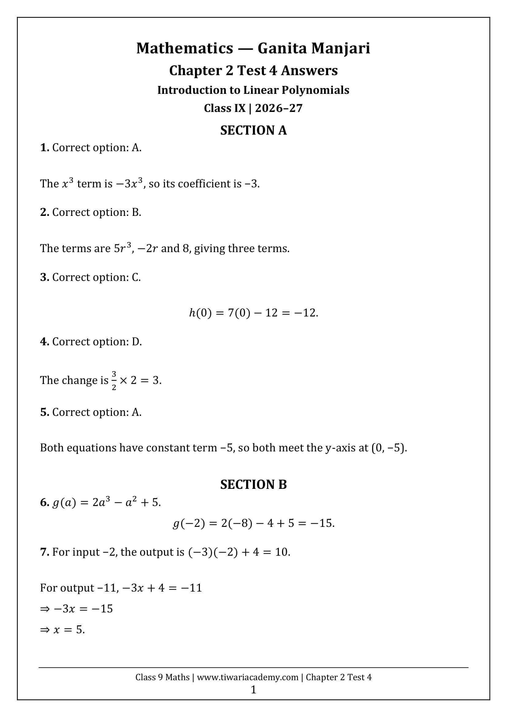 Class 9 Maths Ganita Manjari Chapter 2 Test 4 Answer Page 1