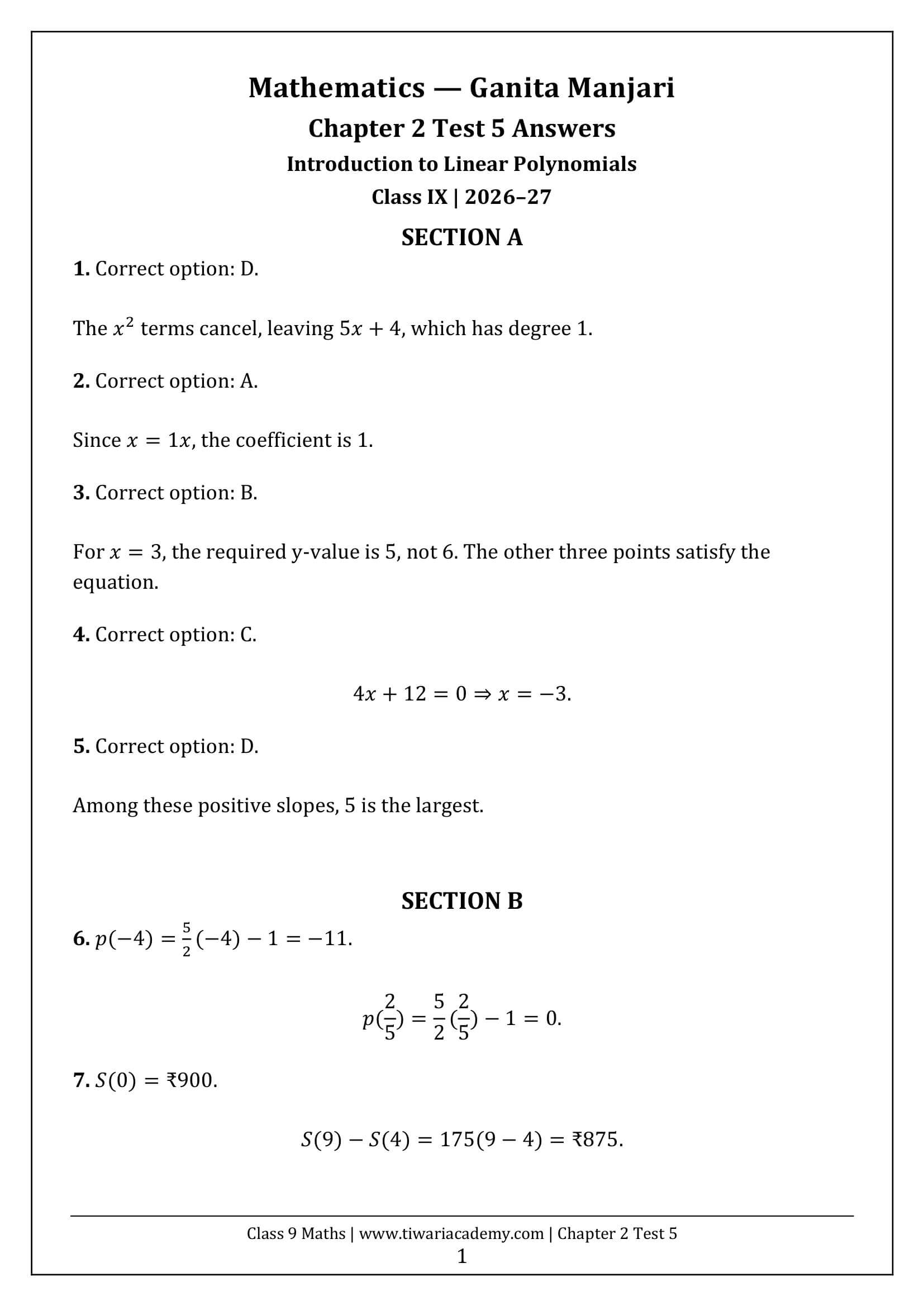 Class 9 Maths Ganita Manjari Chapter 2 Test 5 Answer Page 1