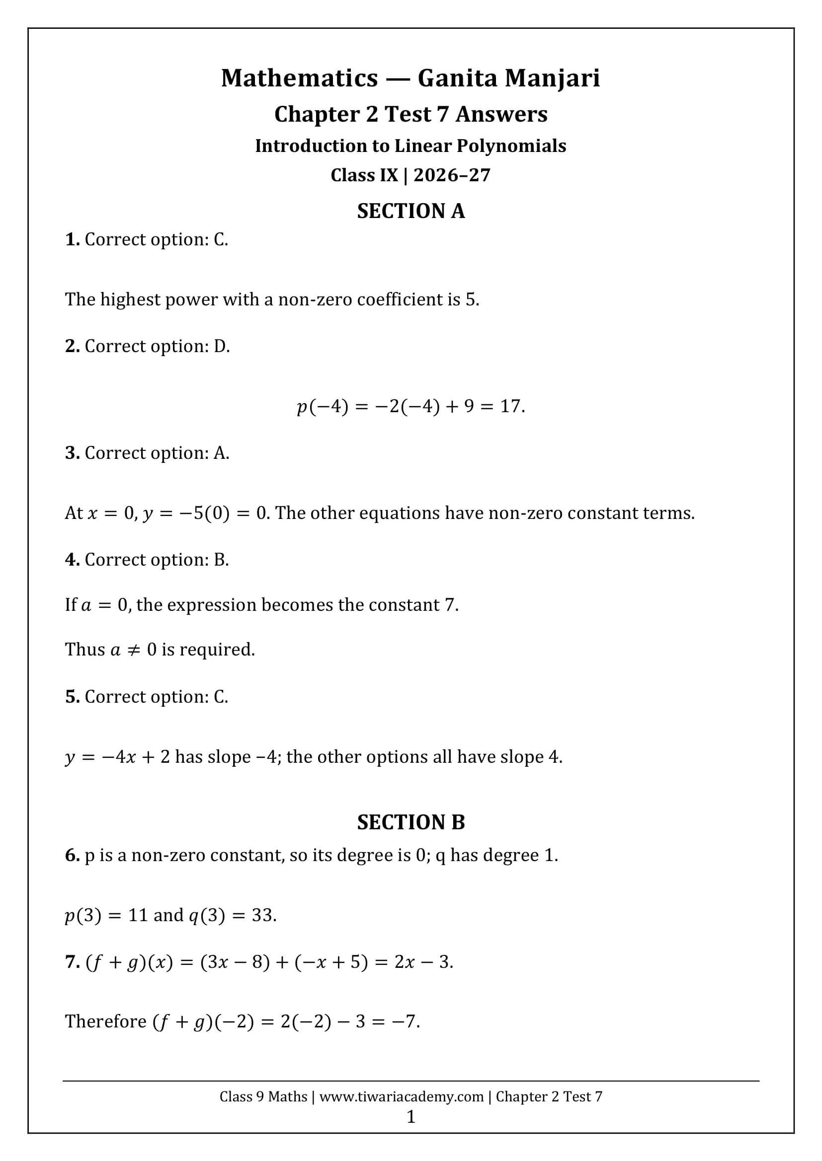 Class 9 Maths Ganita Manjari Chapter 2 Test 7 Answer Page 1