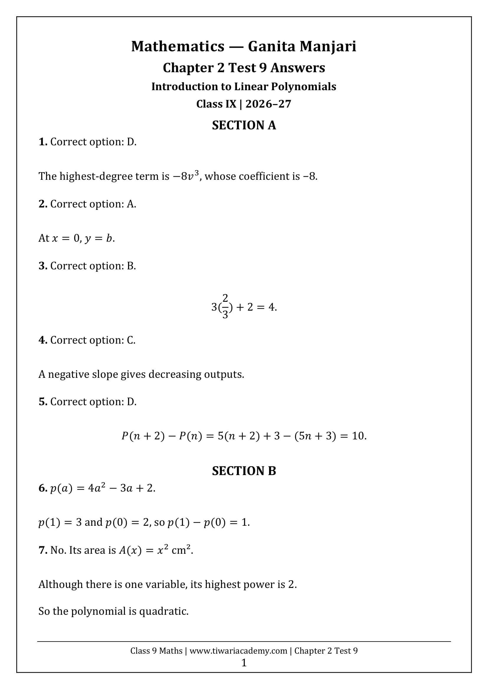 Class 9 Maths Ganita Manjari Chapter 2 Test 9 Answer Page 1