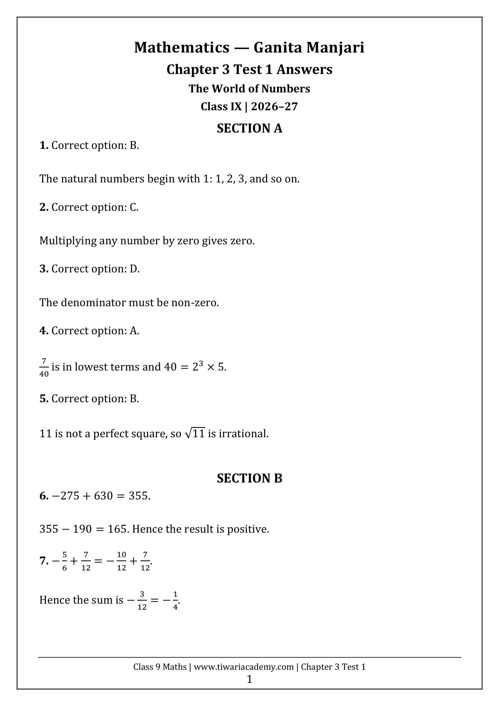 Class 9 Maths Ganita Manjari Chapter 3 Test 1 Answer Page 1