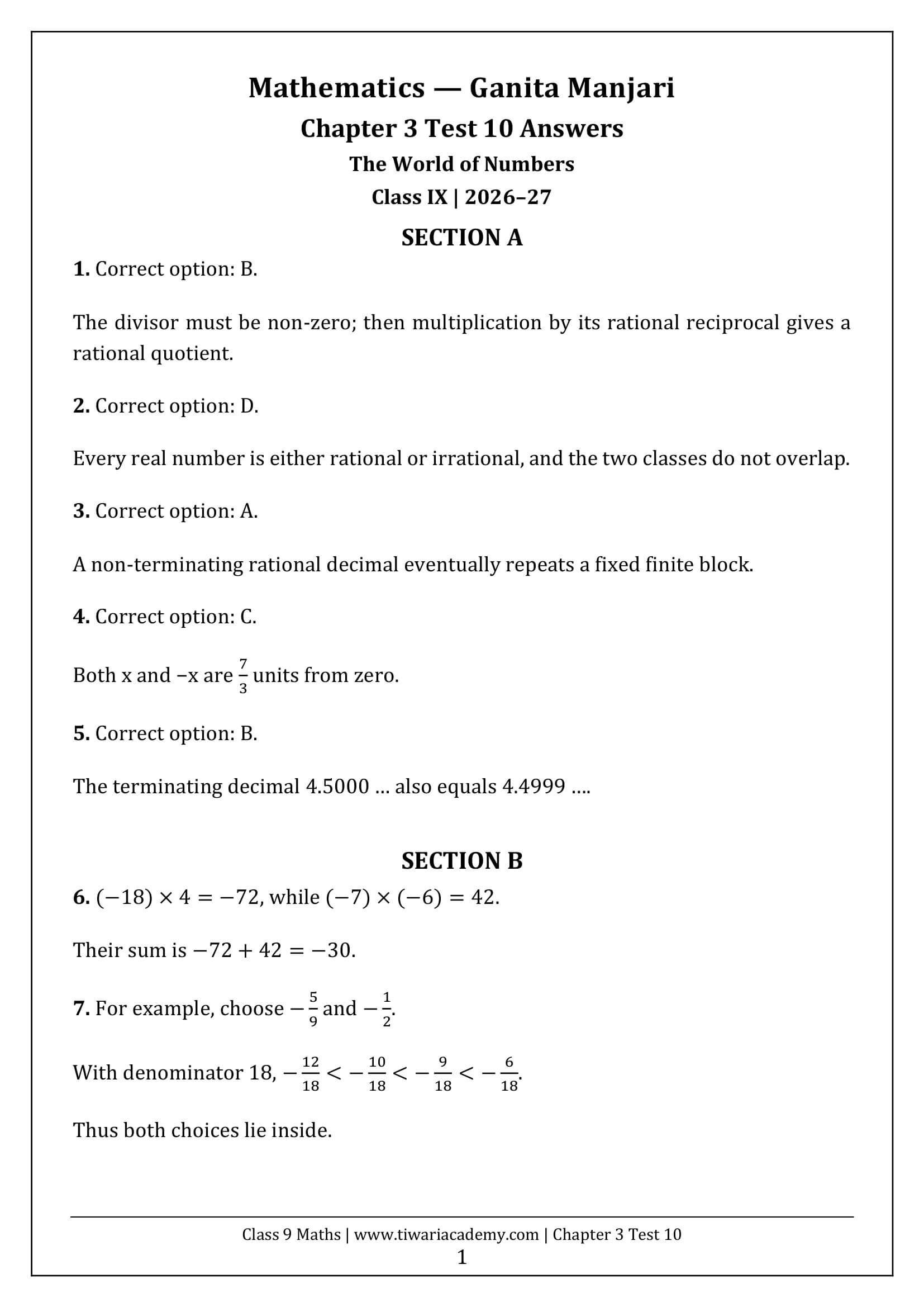 Class 9 Maths Ganita Manjari Chapter 3 Test 10 Answer Page 1