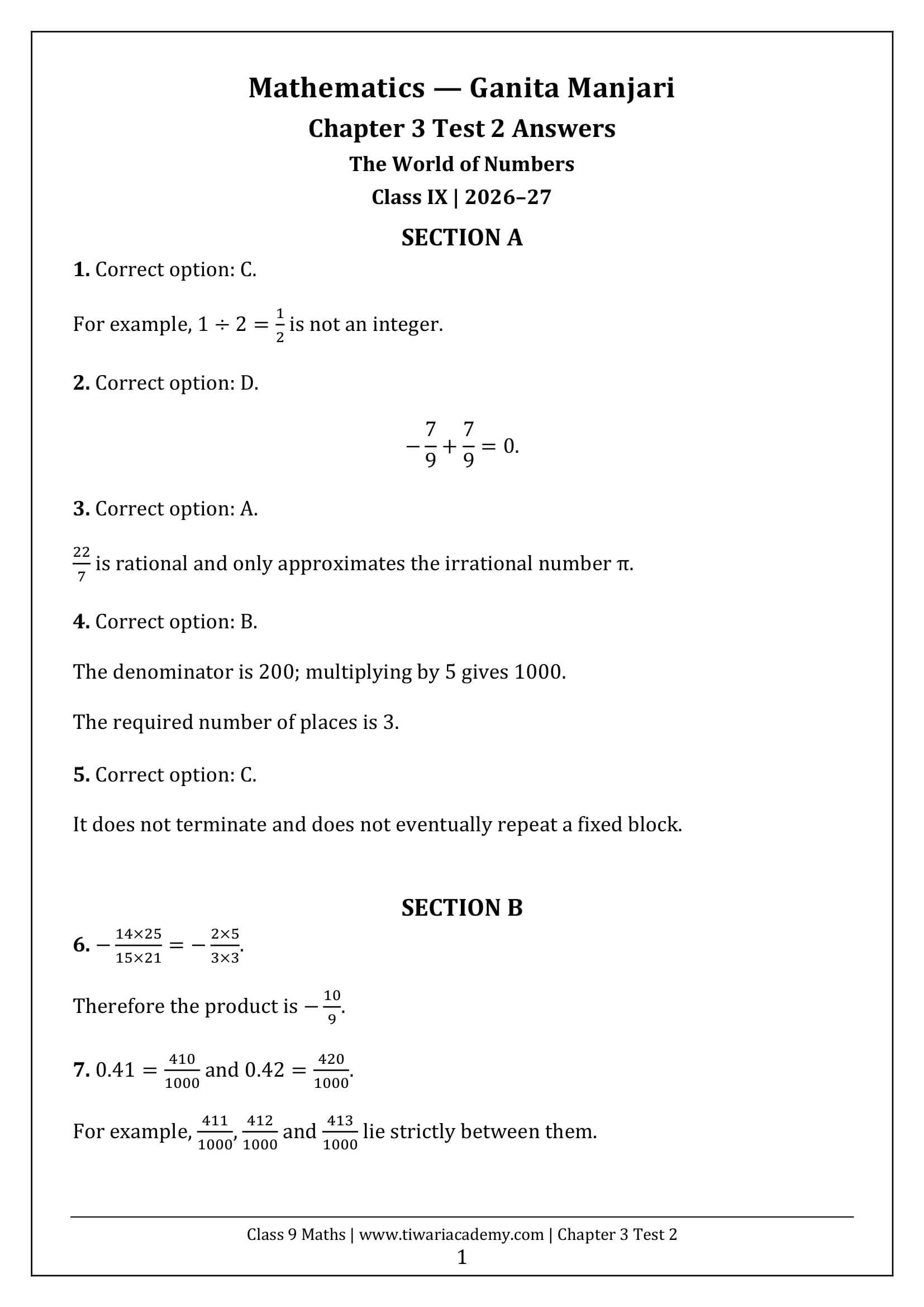 Class 9 Maths Ganita Manjari Chapter 3 Test 2 Answer Page 1