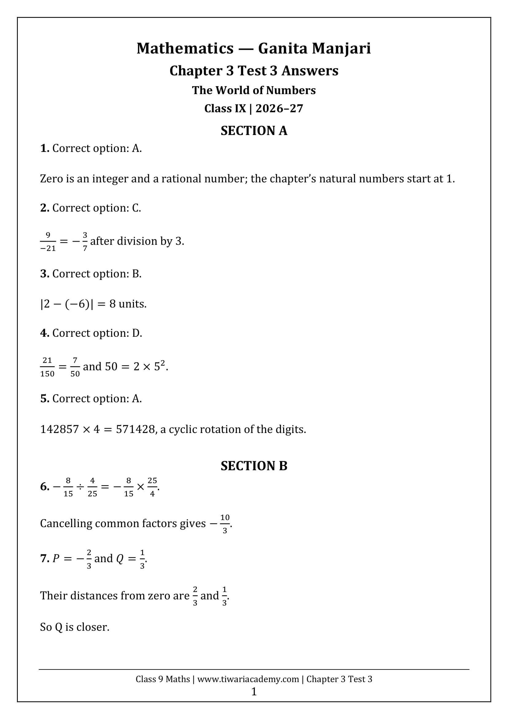 Class 9 Maths Ganita Manjari Chapter 3 Test 3 Answer Page 1