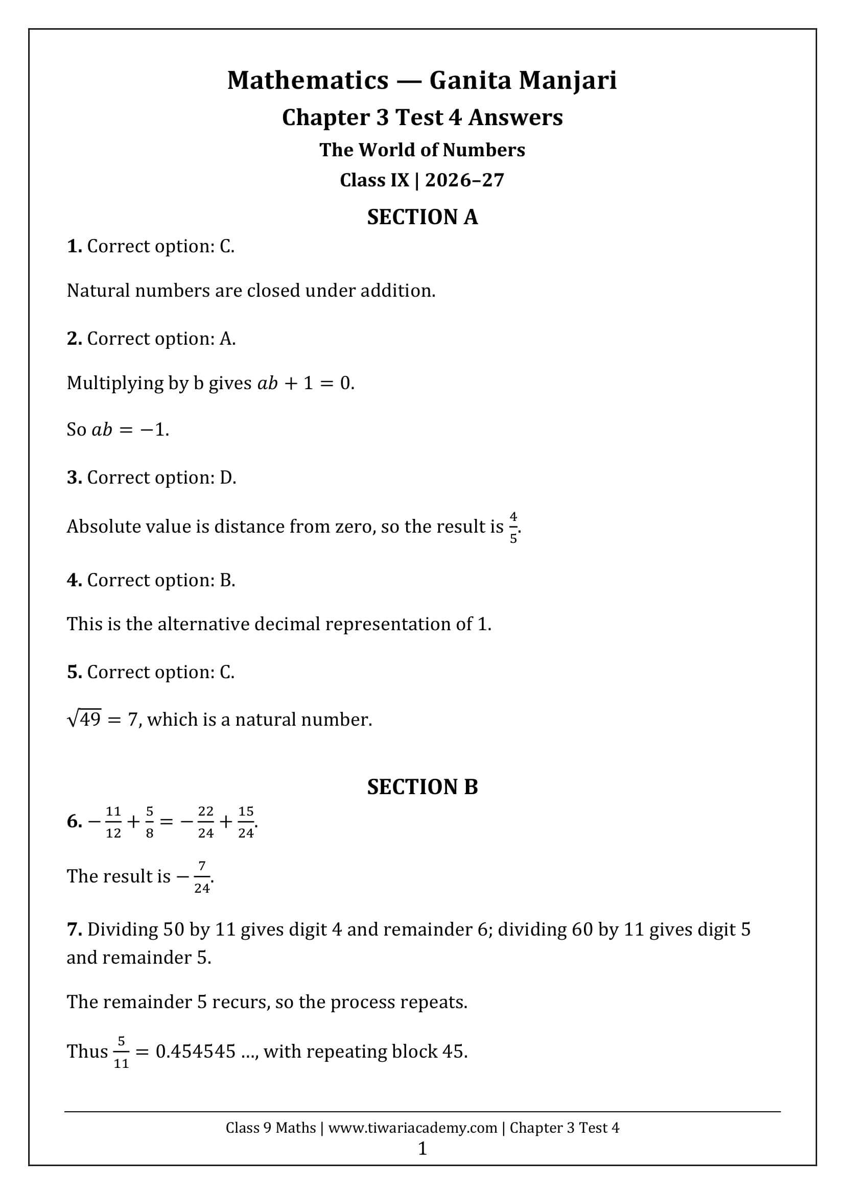 Class 9 Maths Ganita Manjari Chapter 3 Test 4 Answer Page 1