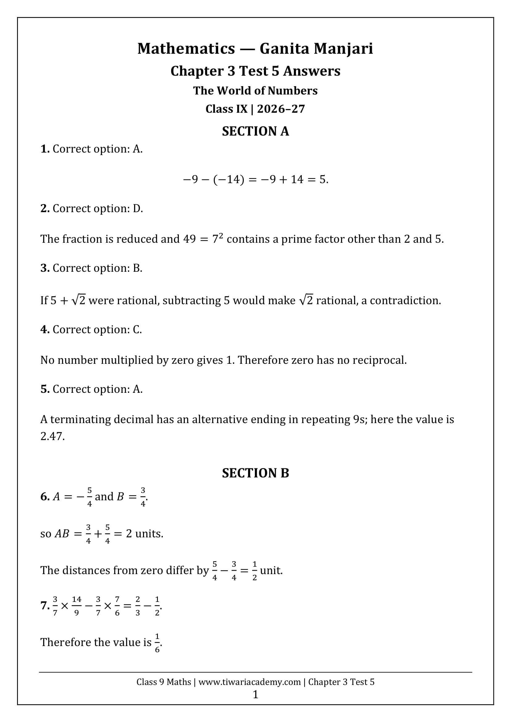 Class 9 Maths Ganita Manjari Chapter 3 Test 5 Answer Page 1