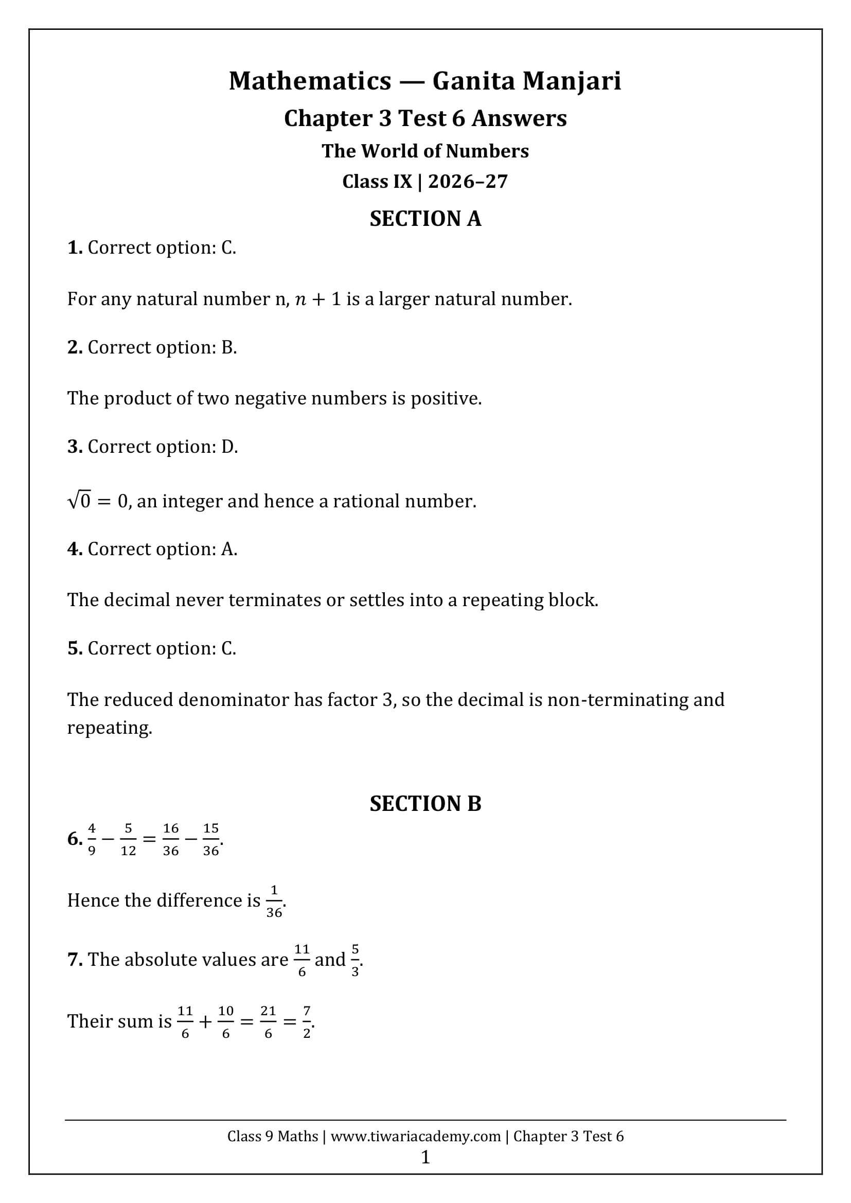 Class 9 Maths Ganita Manjari Chapter 3 Test 6 Answer Page 1