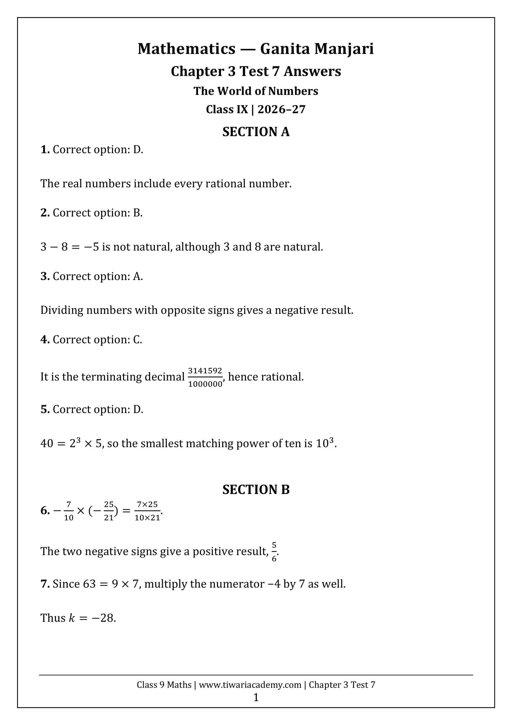 Class 9 Maths Ganita Manjari Chapter 3 Test 7 Answer Page 1