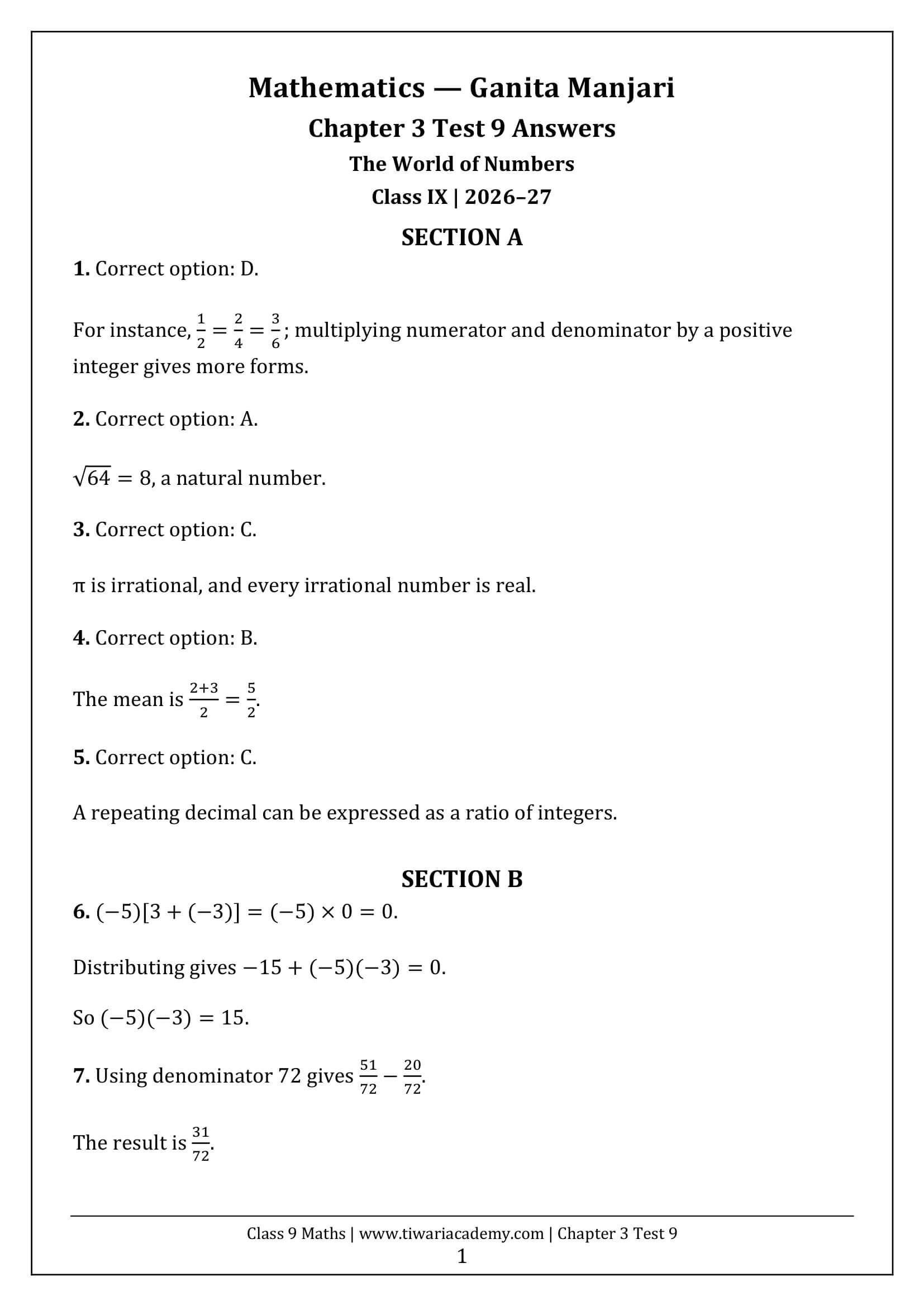 Class 9 Maths Ganita Manjari Chapter 3 Test 9 Answer Page 1