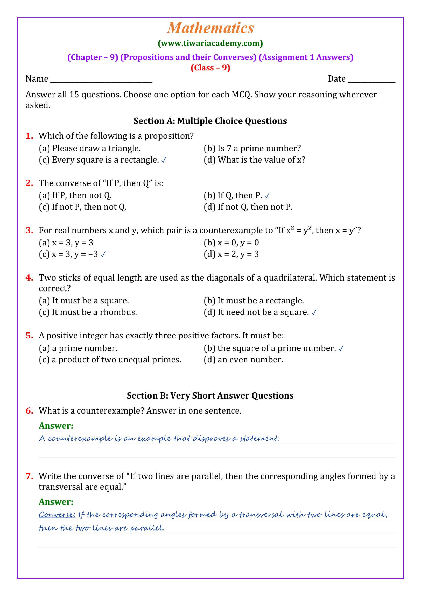 Class 9 Maths Ganita Manjari Chapter 9 Assignment 1 Page 1